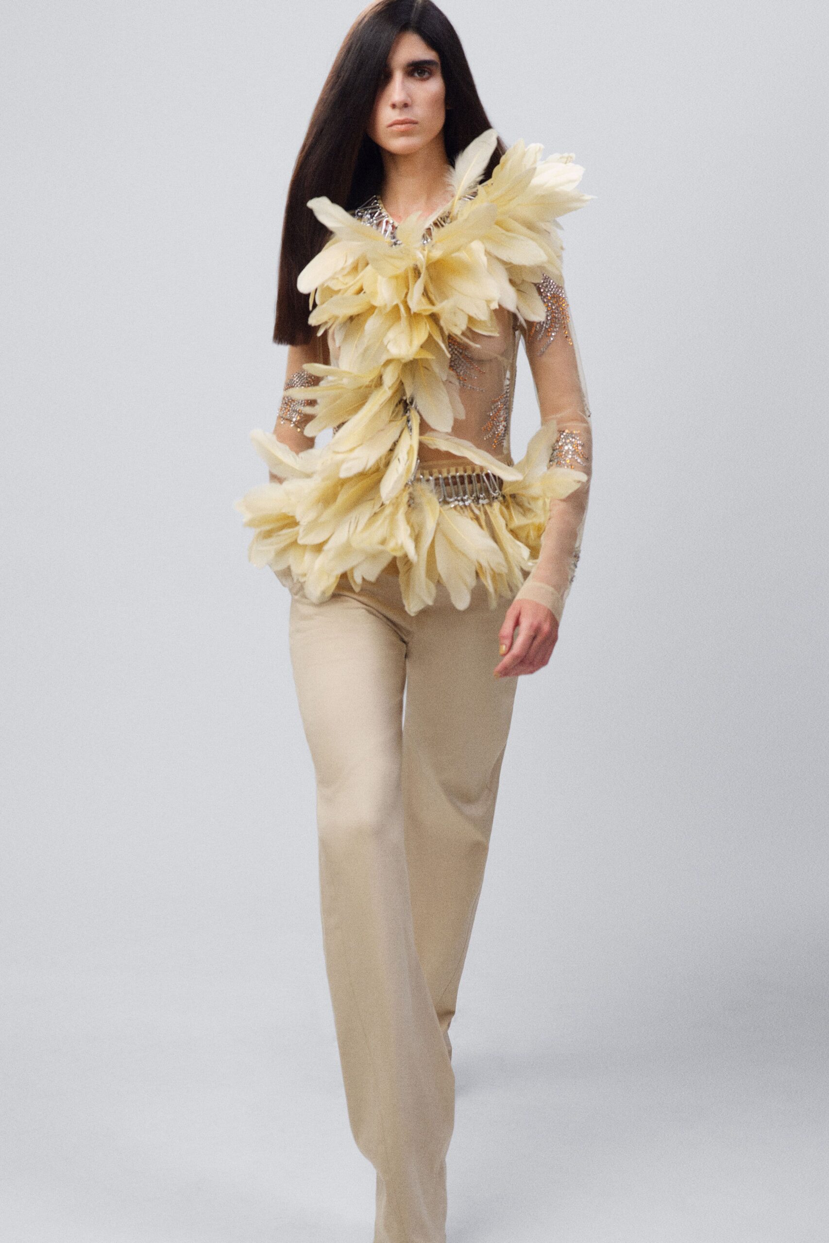 yellow silk long-sleeve v-neck fitted ruffled embellished top