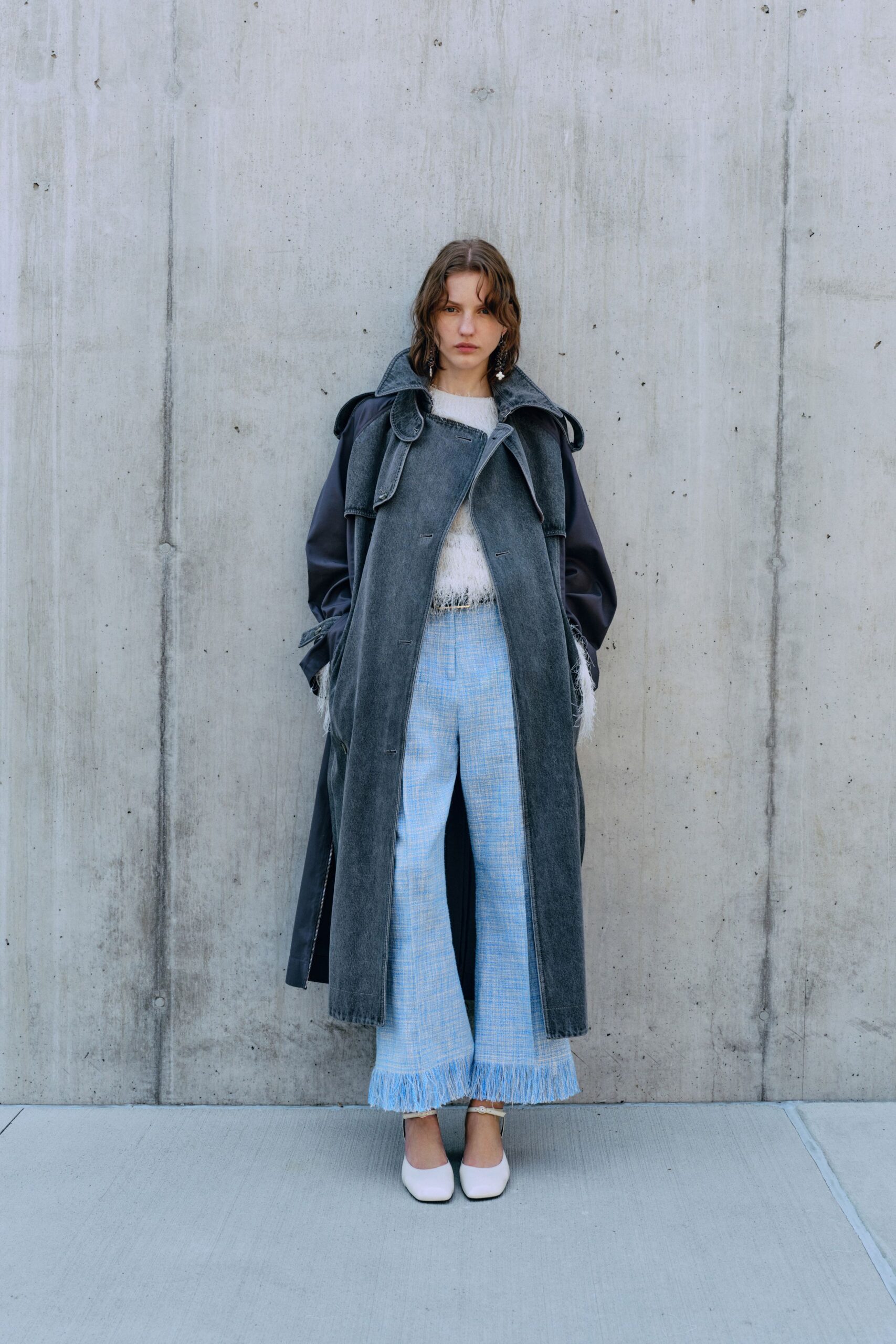 gray denim long-sleeve collared relaxed buttoned coat
