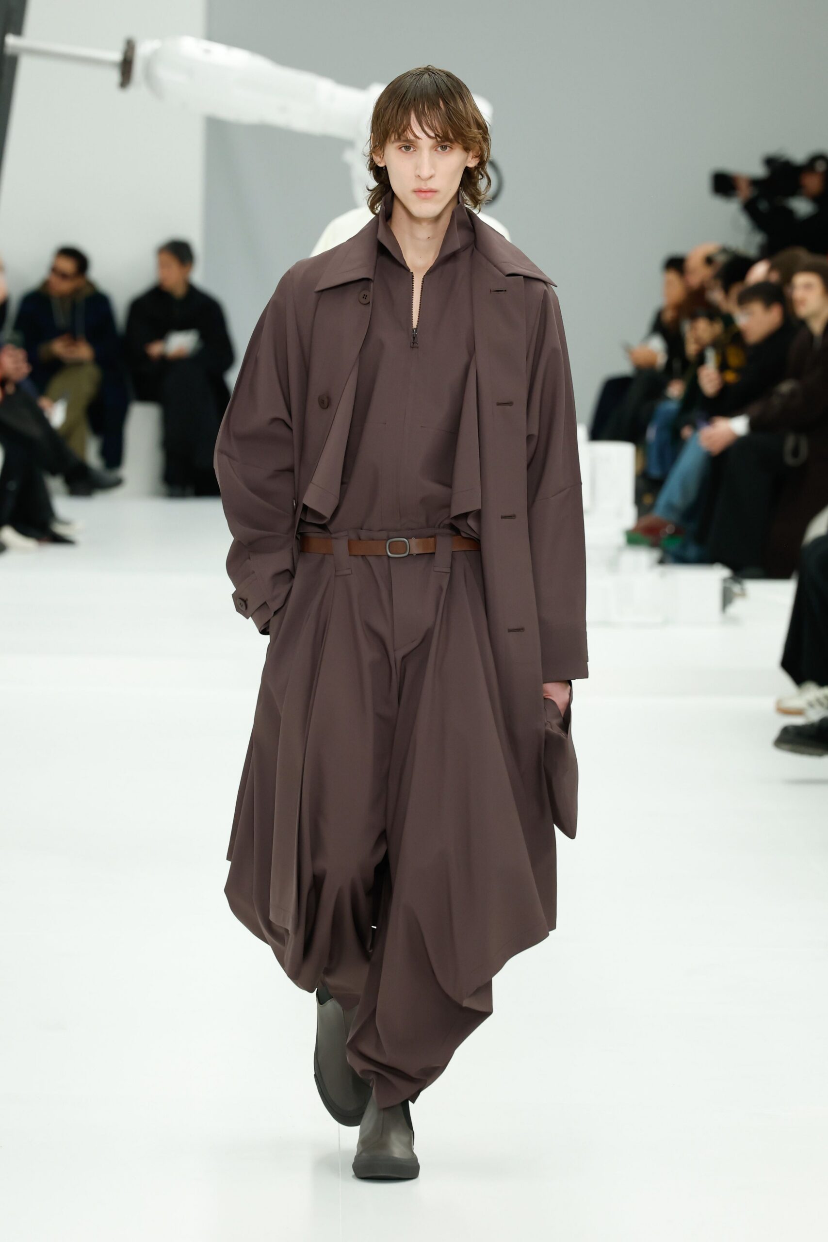 brown relaxed coat with wide-leg pants