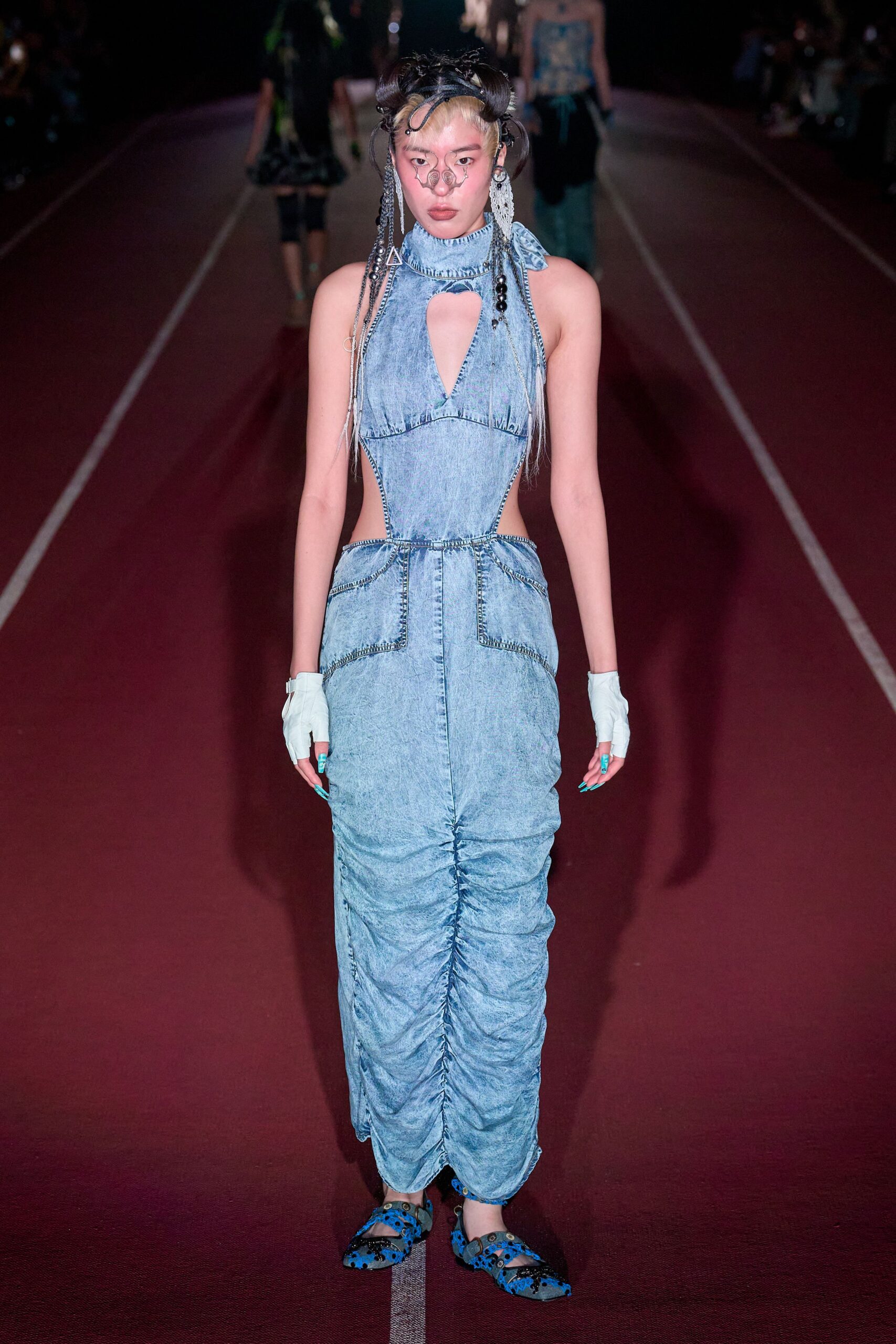 blue denim sleeveless halter fitted ruched jumpsuit