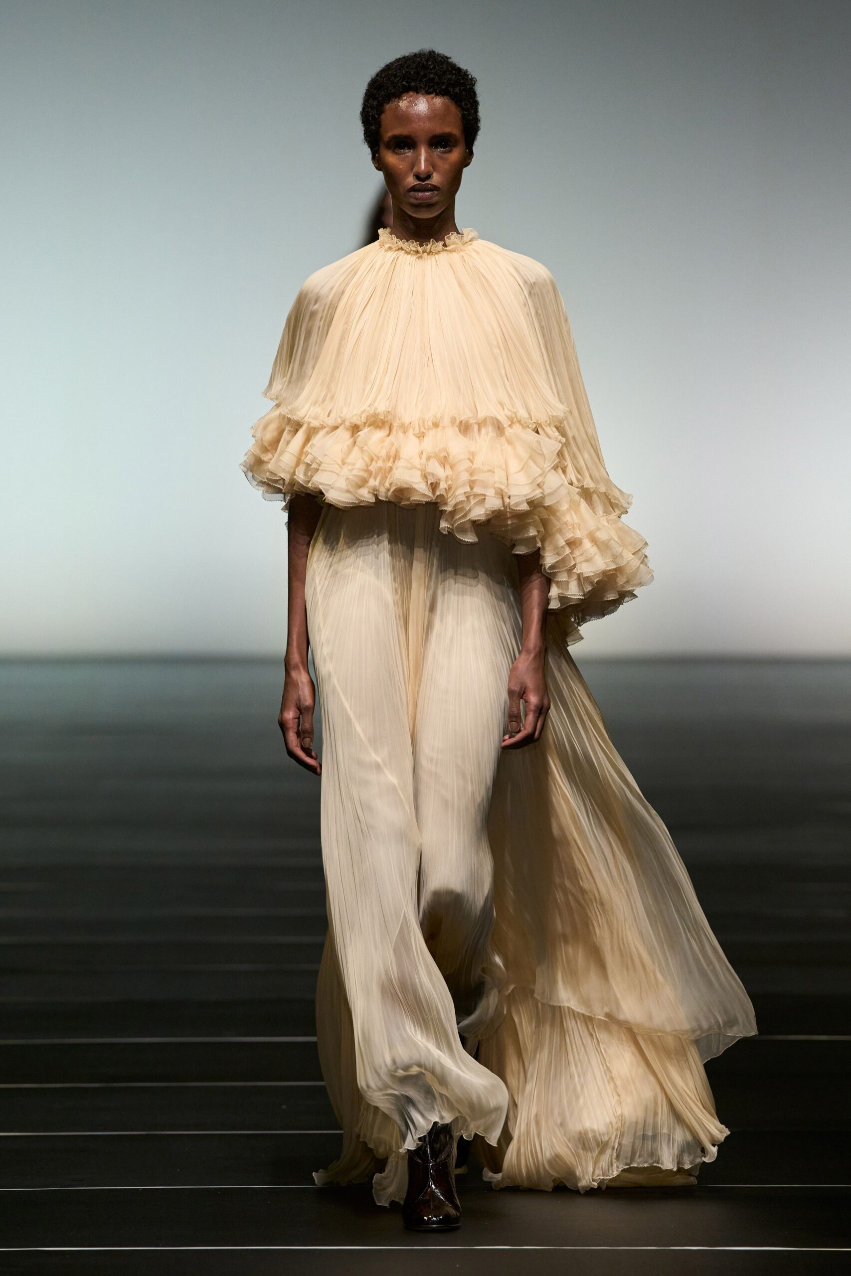 beige silk long-sleeve high-neck fitted pleated ruffled gown