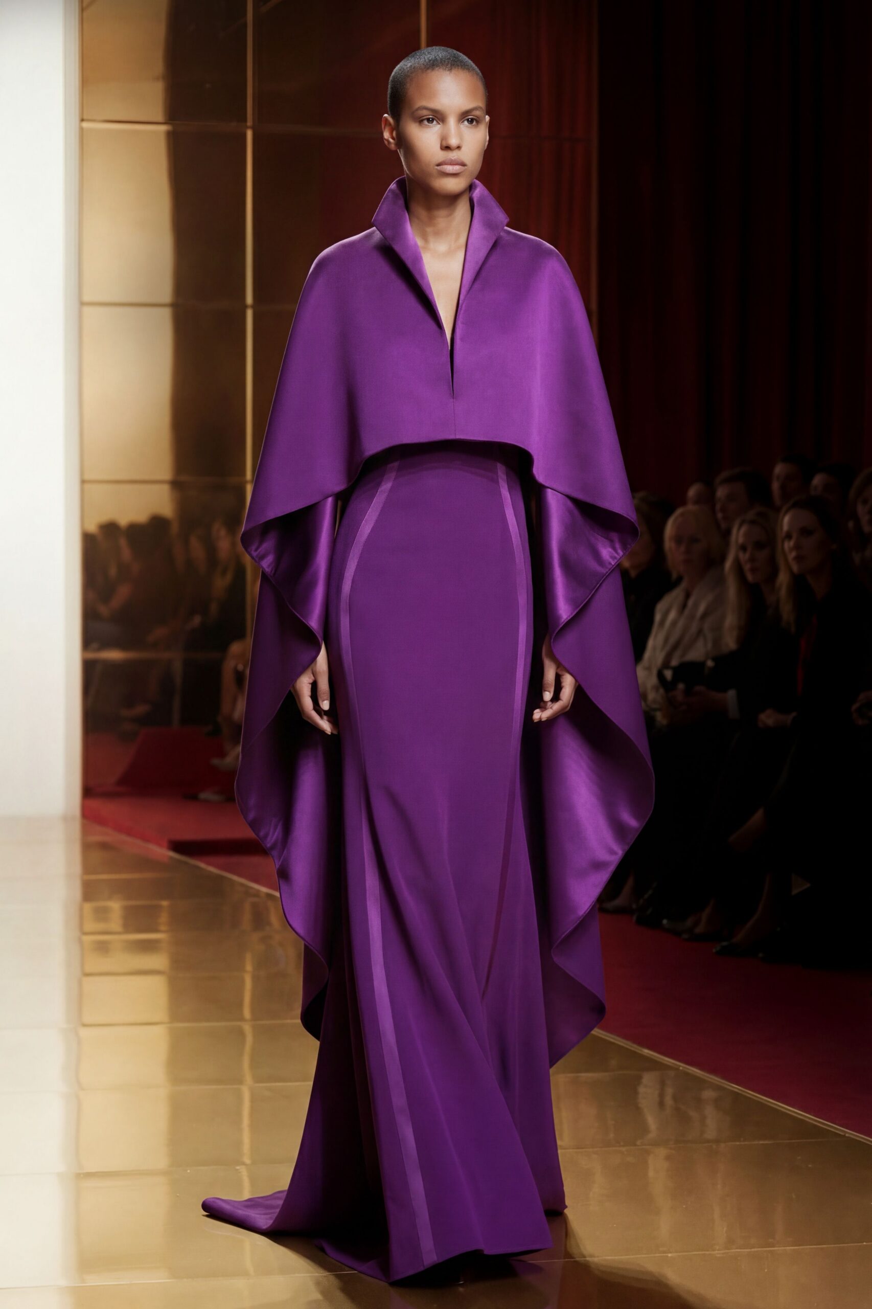 purple silk structured draped cape