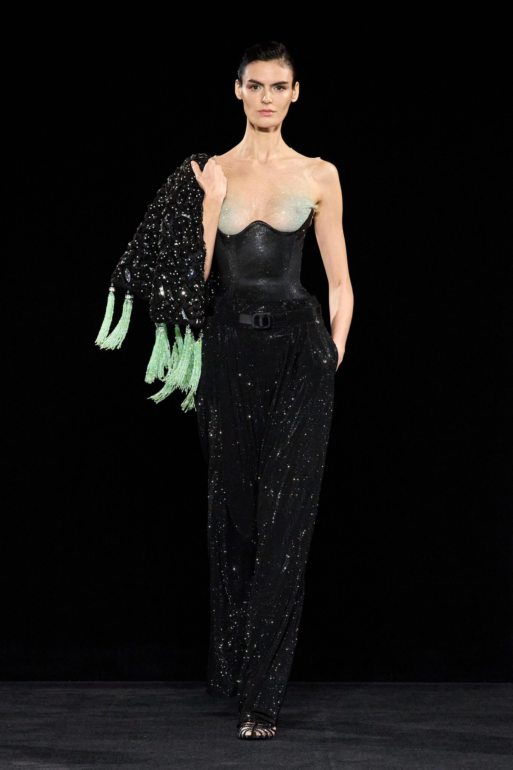 black silk fitted pleated shiny pants