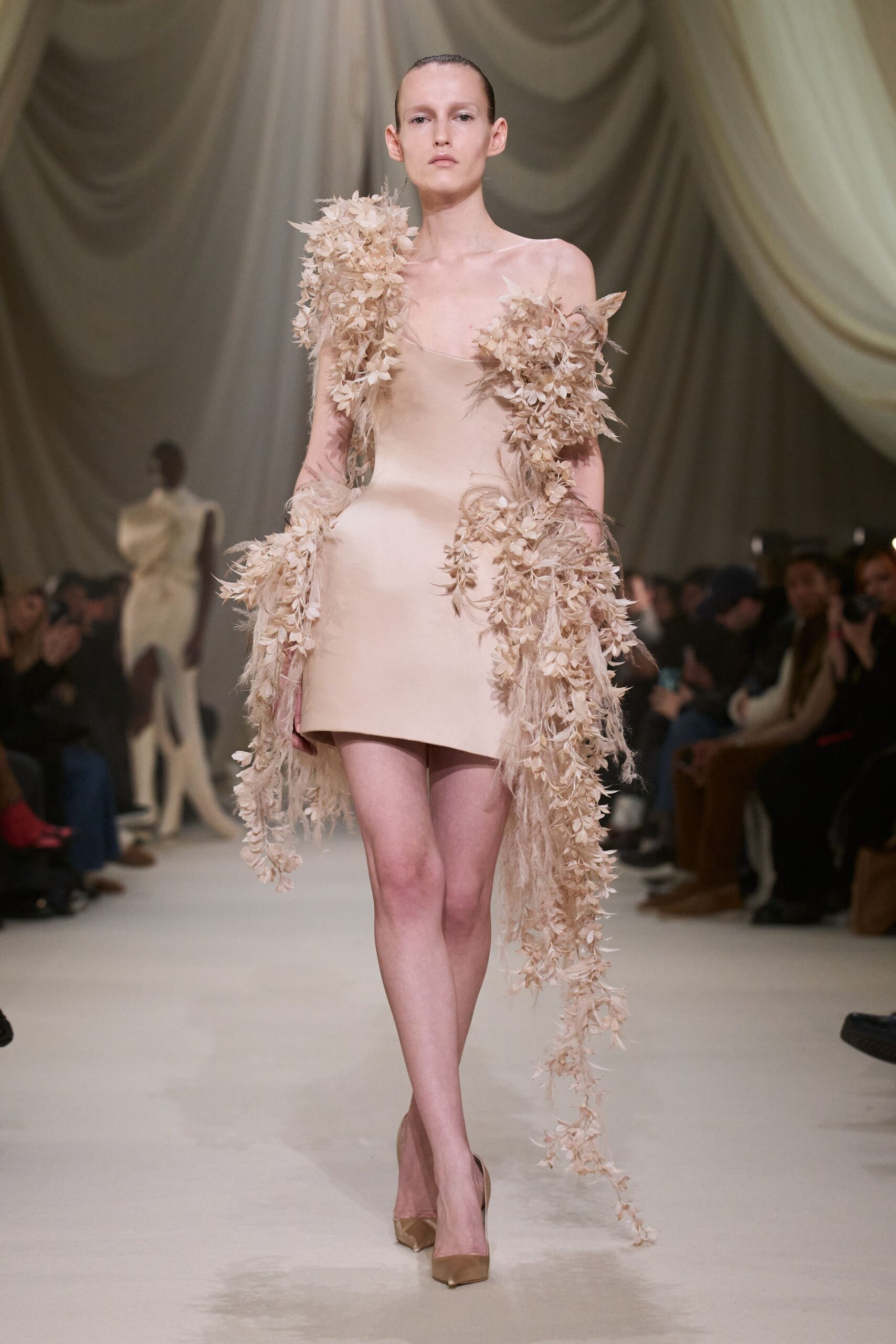 beige silk sleeveless off-shoulder fitted ruffled layered dress