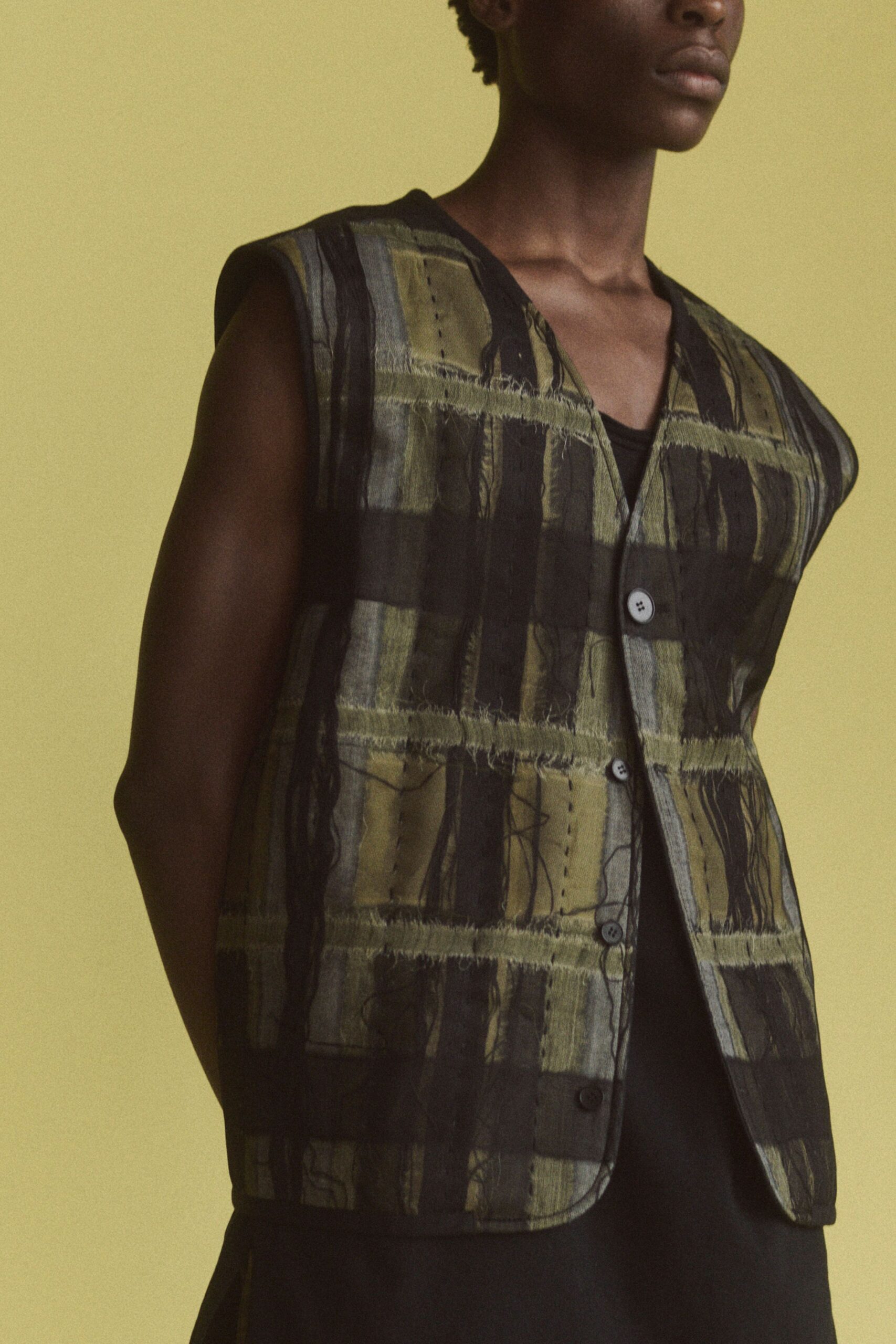 green cotton sleeveless collared relaxed layered buttoned vest
