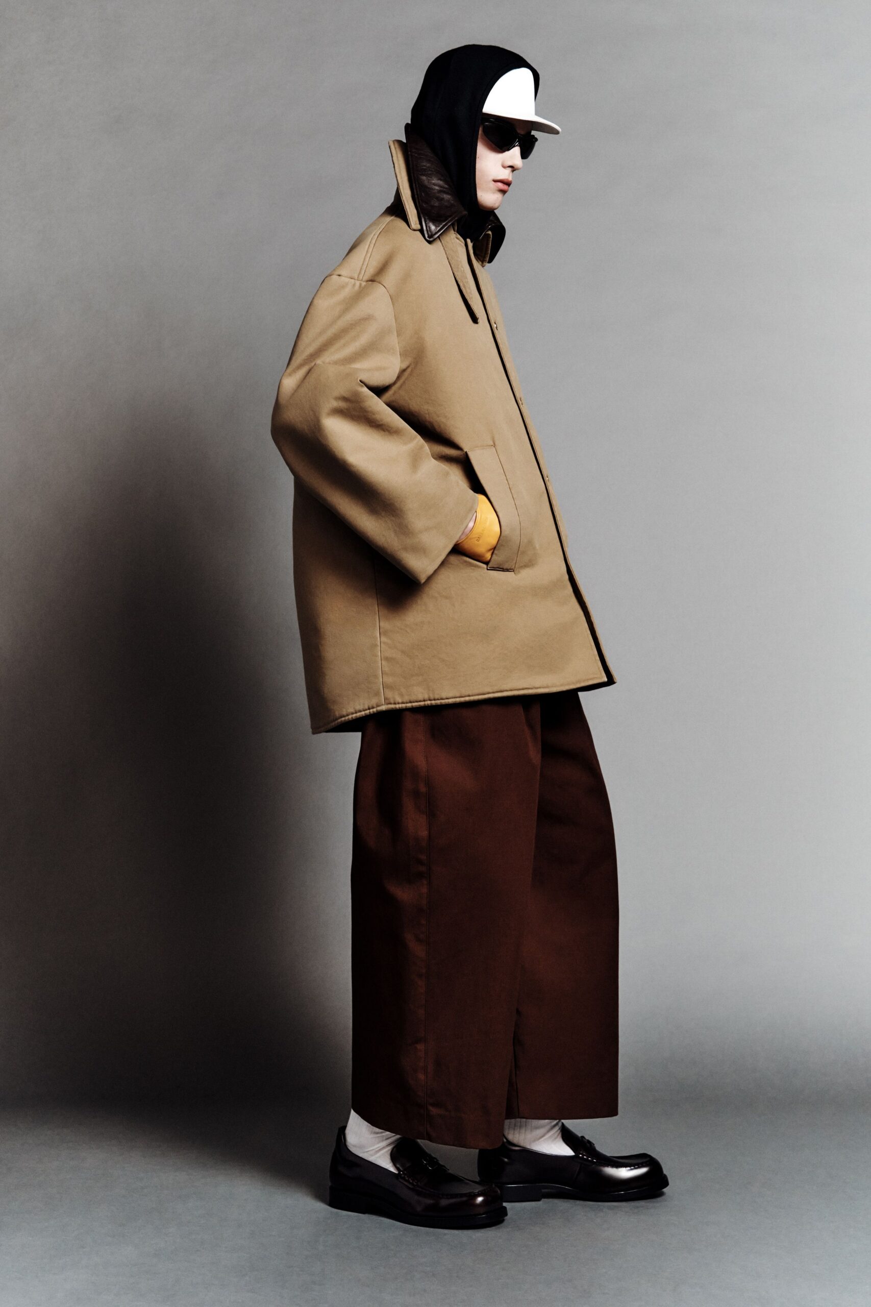 beige oversized jacket with brown pants