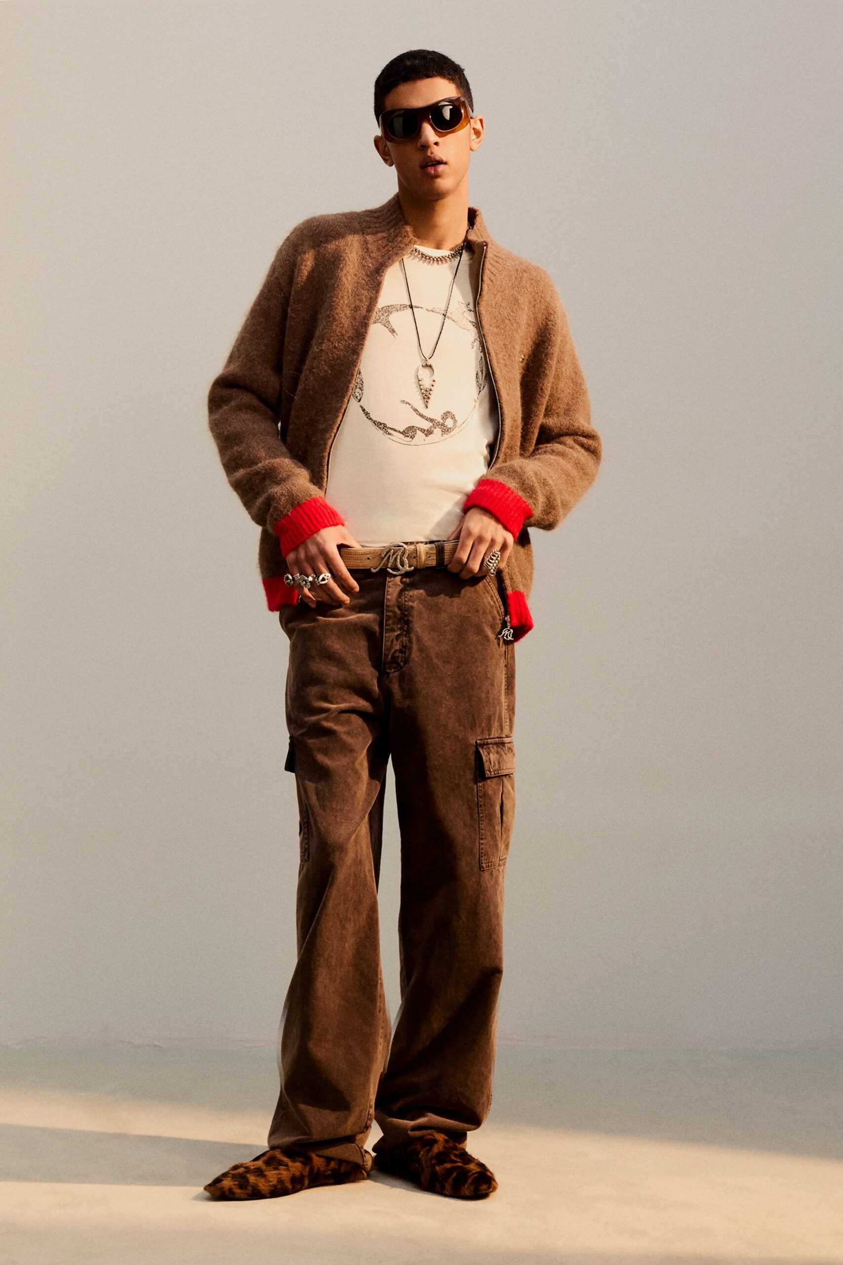 brown wool cardigan with cargo pants