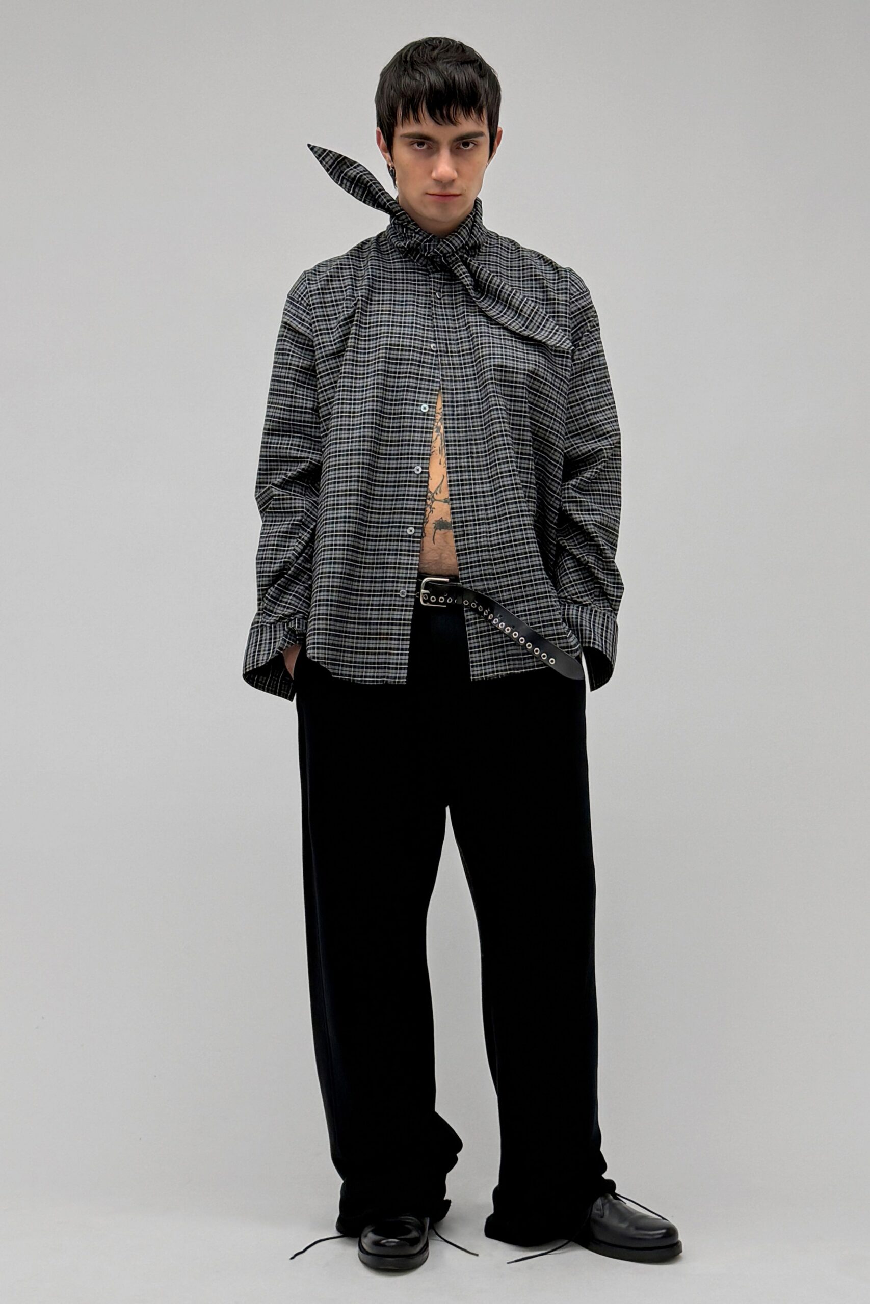 black and white checked shirt with relaxed pants