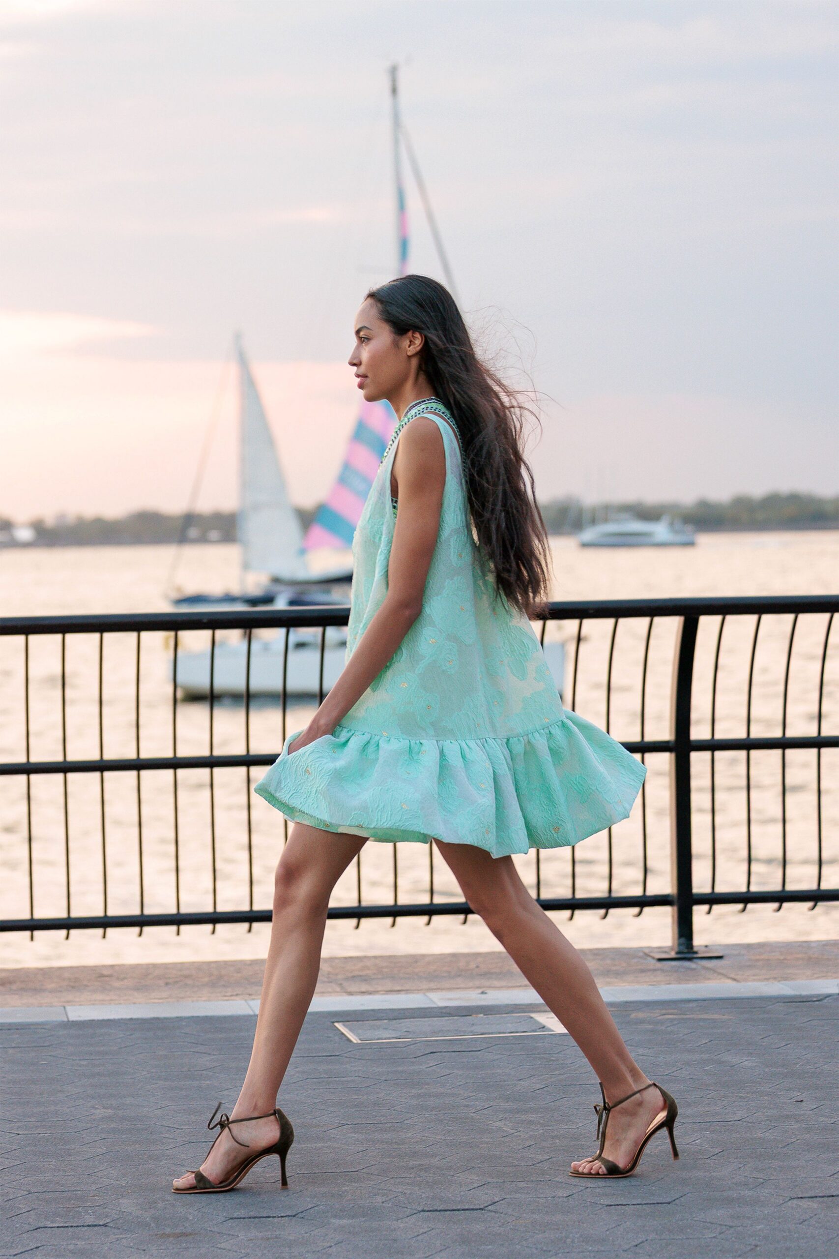 green cotton sleeveless v-neck relaxed ruffled flared dress