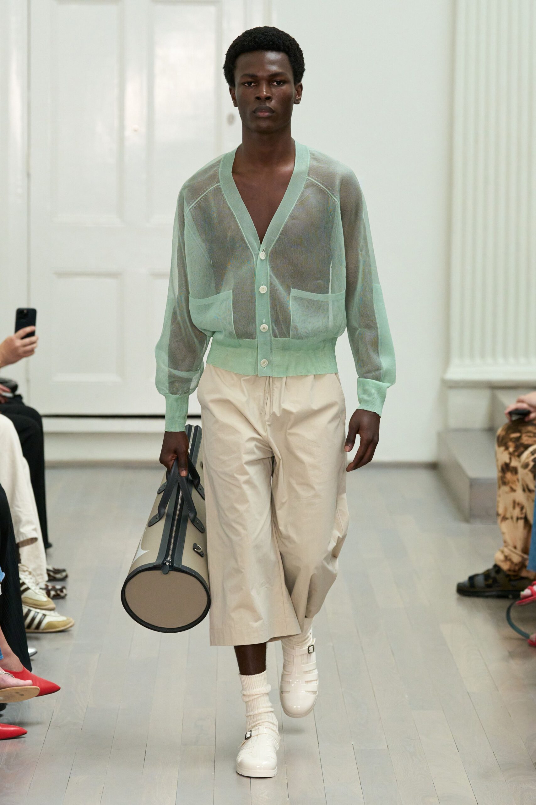 green cotton long-sleeve collared relaxed sheer cardigan