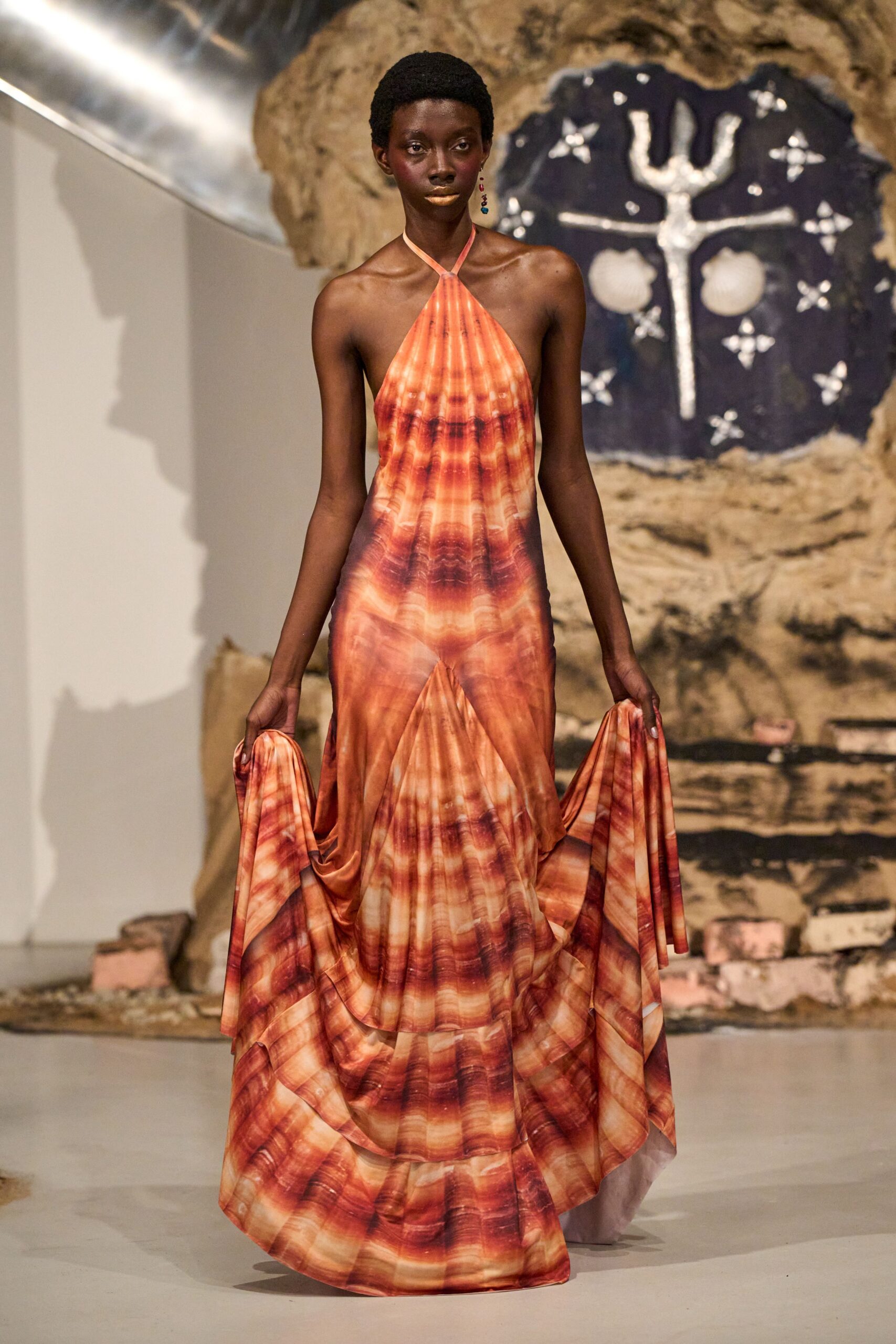 orange brown silk halter gown