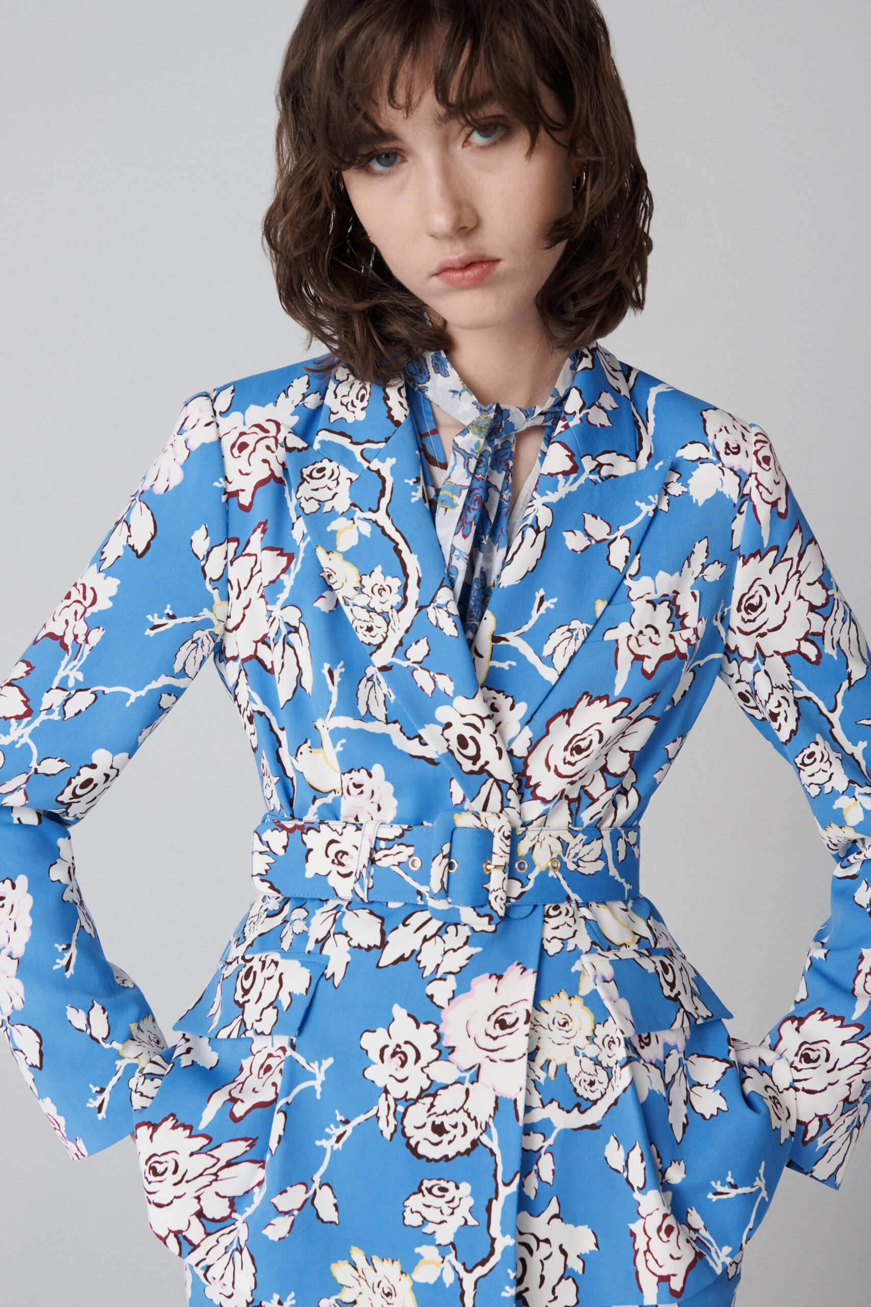 blue floral blazer with shirt