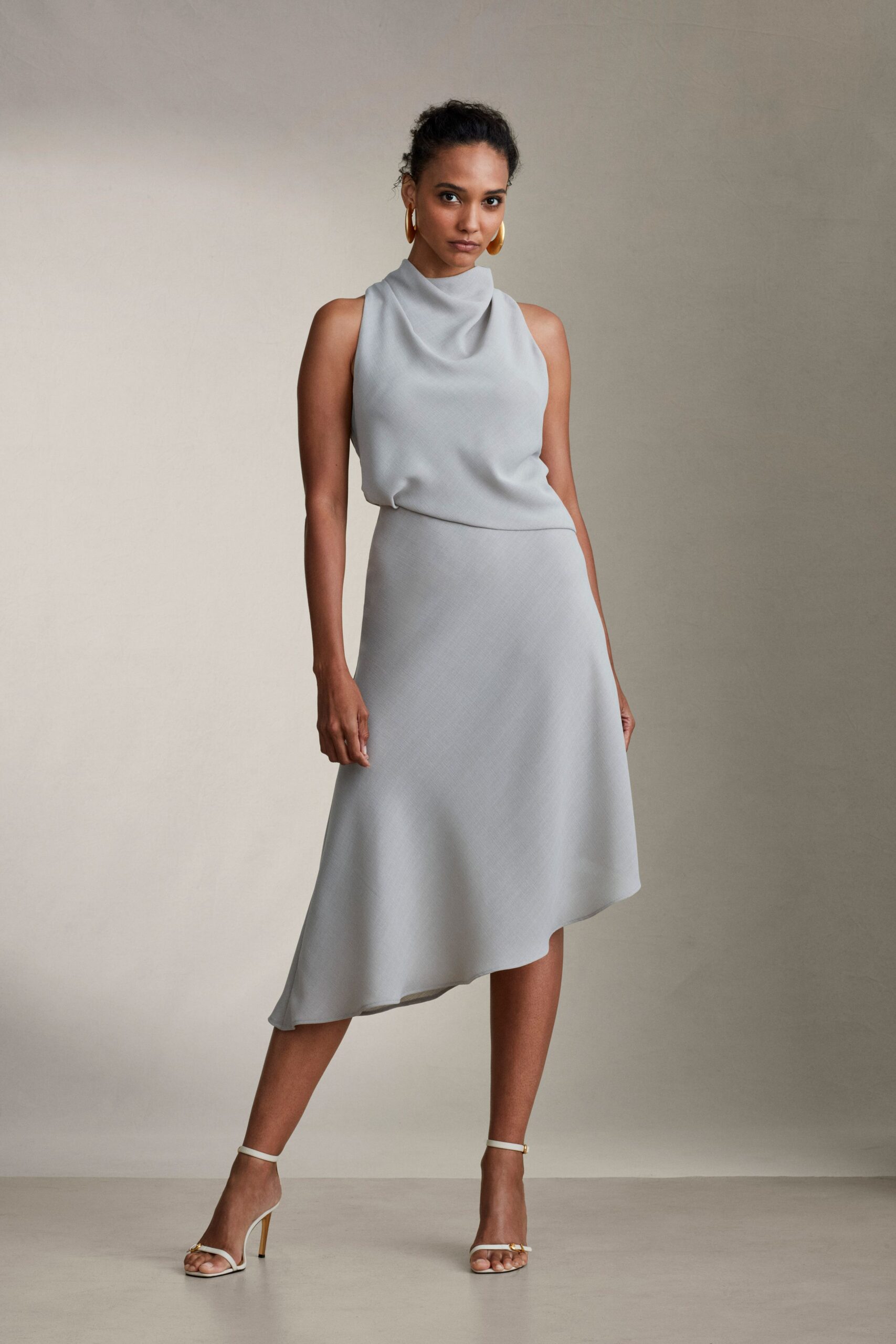 gray silk sleeveless high-neck fitted flowing midi dress