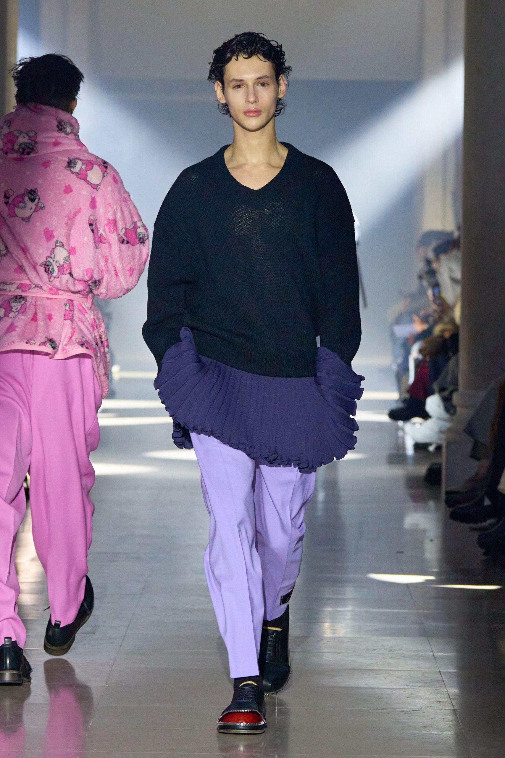 black sweater purple pants
