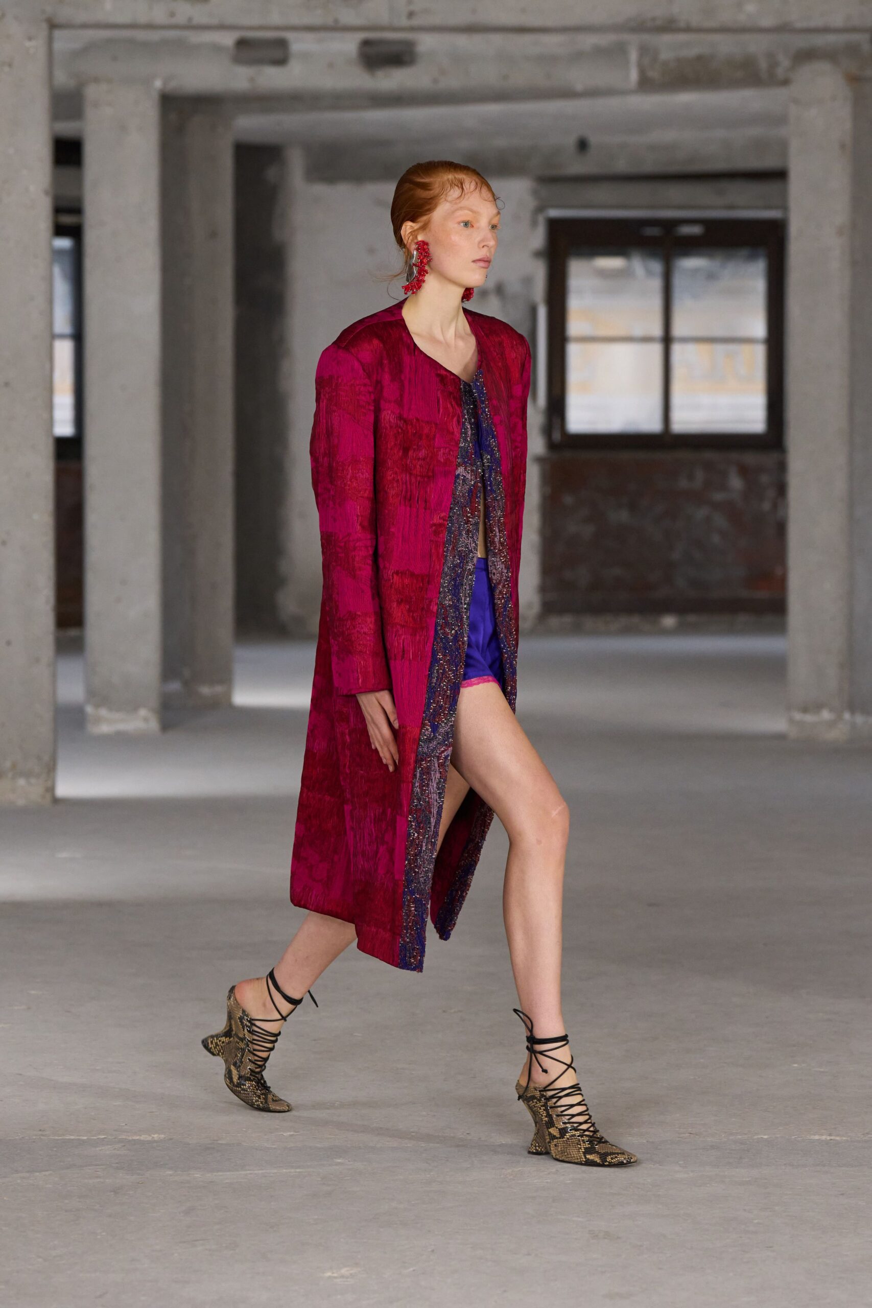 pink silk long-sleeve collared relaxed embroidered maxi coat