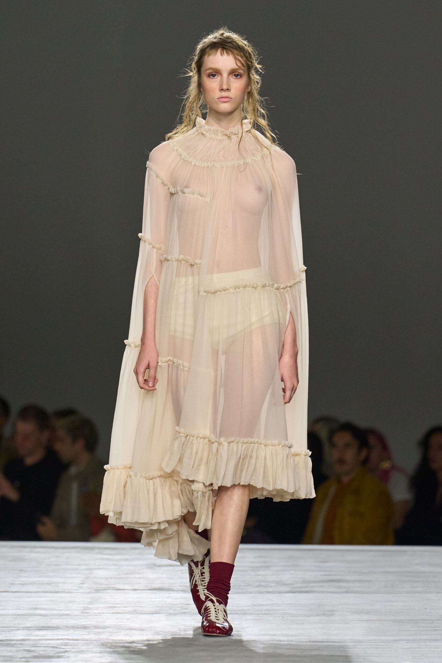 beige chiffon sleeveless high-neck relaxed ruffled layered dress