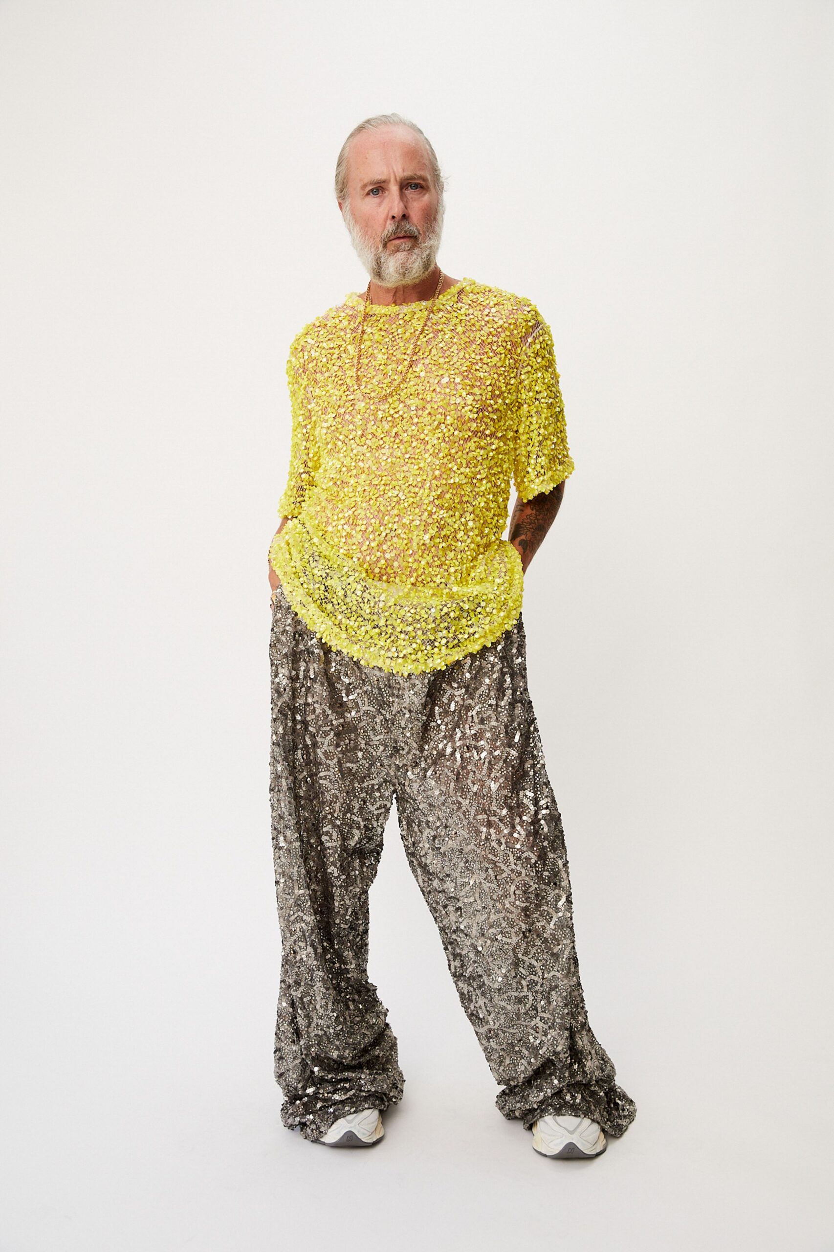 yellow sequin short-sleeve collared relaxed textured sheer top