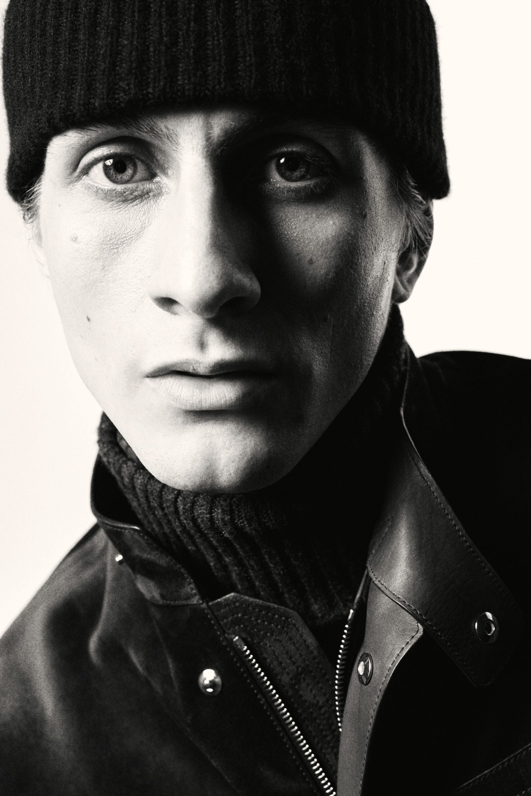 black leather jacket and turtleneck