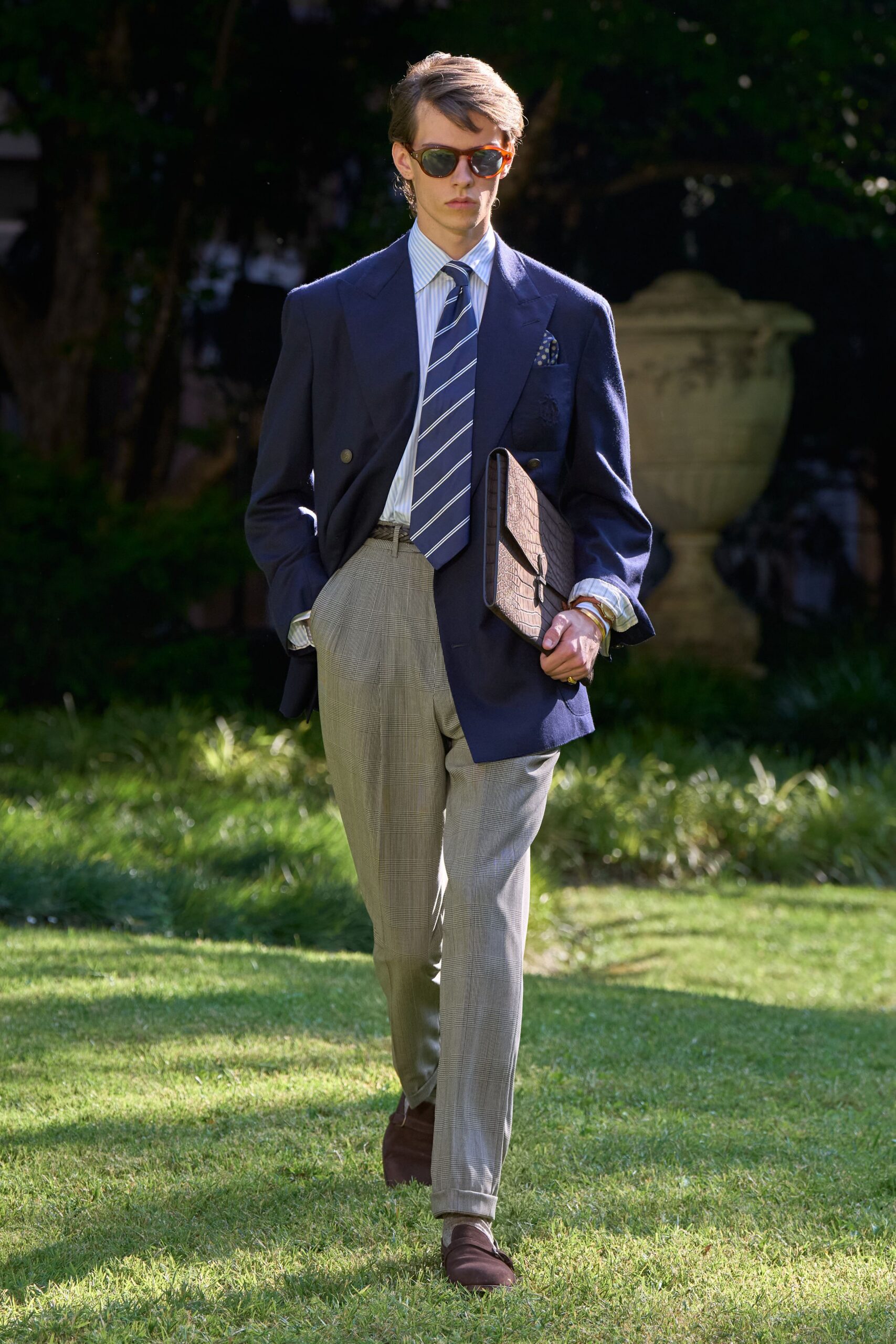 navy blazer white shirt gray pants