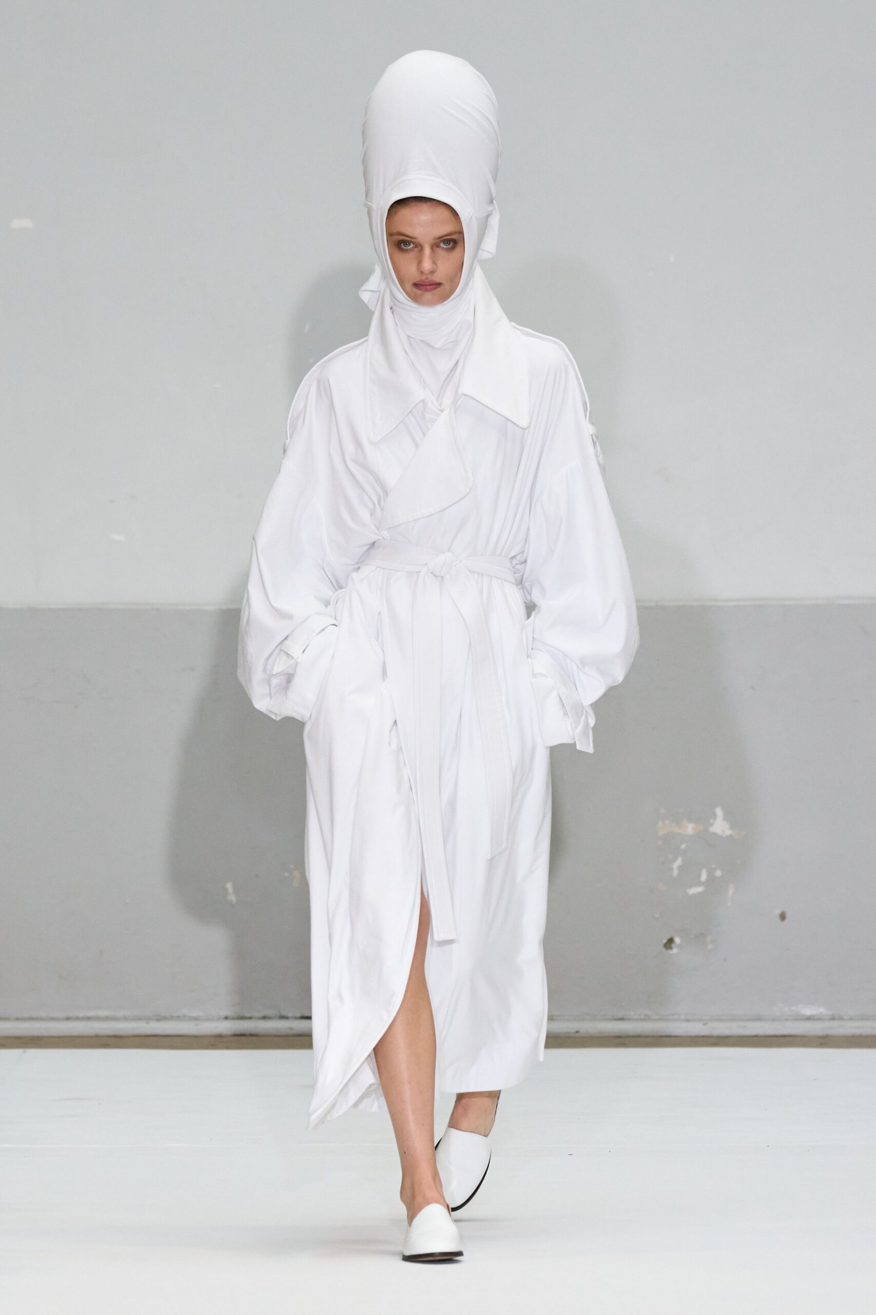 white cotton long-sleeve collared relaxed belted midi dress