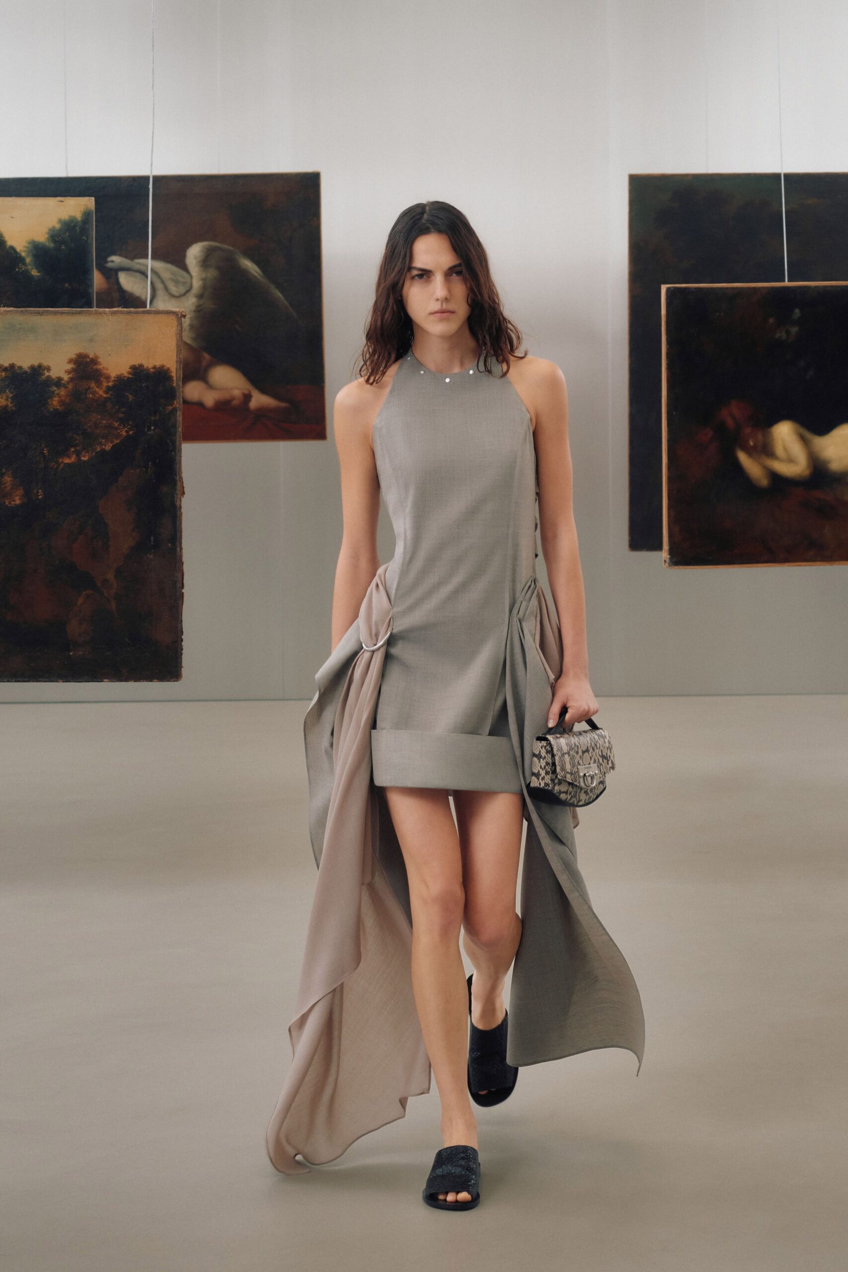gray silk sleeveless high-neck fitted draped mini dress