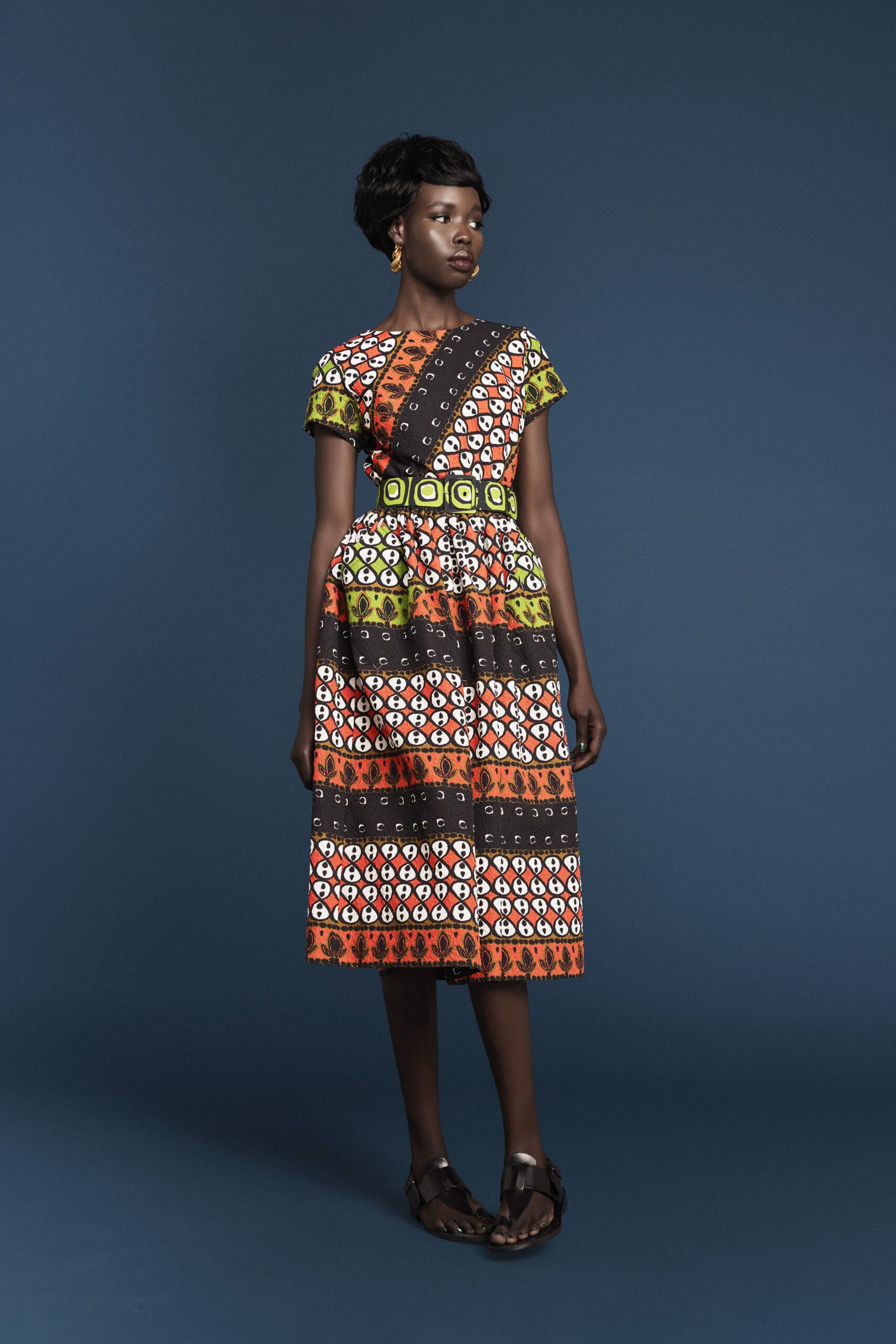 printed midi dress with sandals