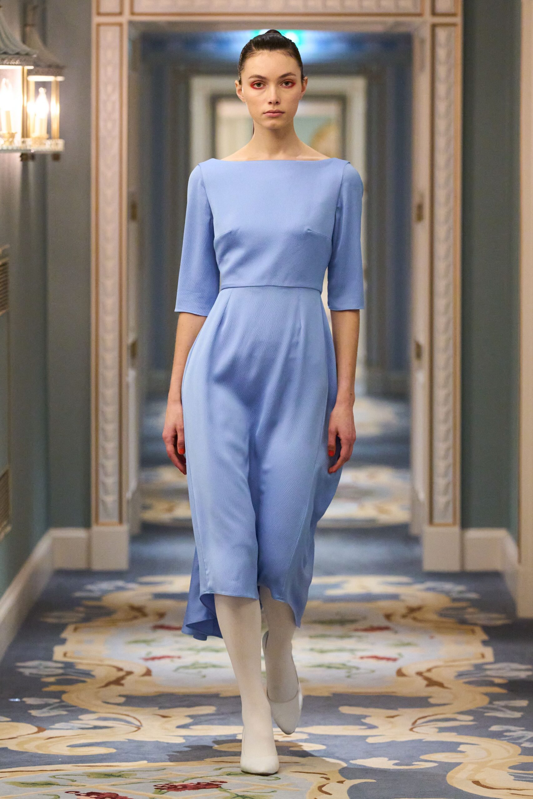 blue silk long-sleeve asymmetric fitted midi dress
