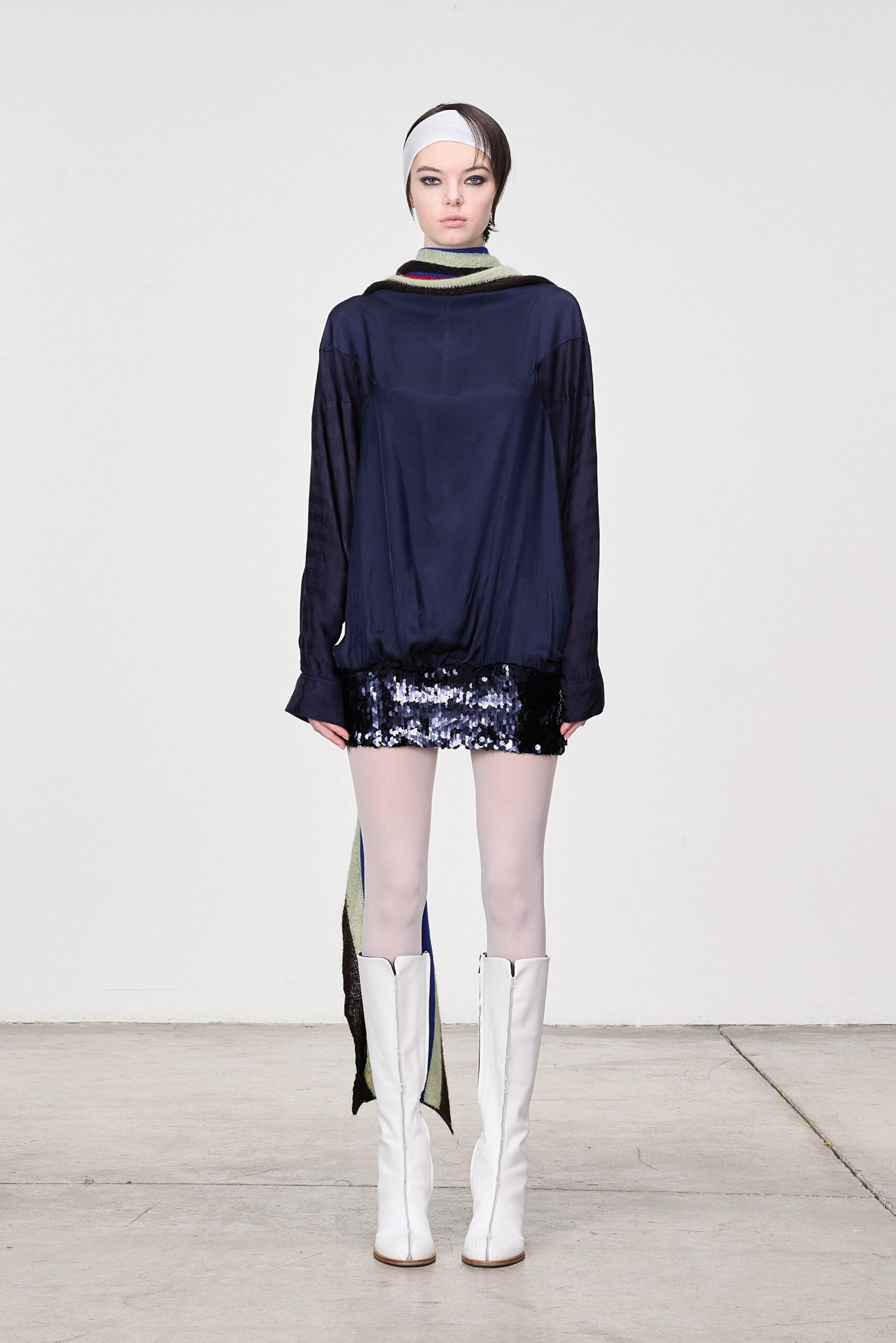 blue silk top with sequin mini skirt