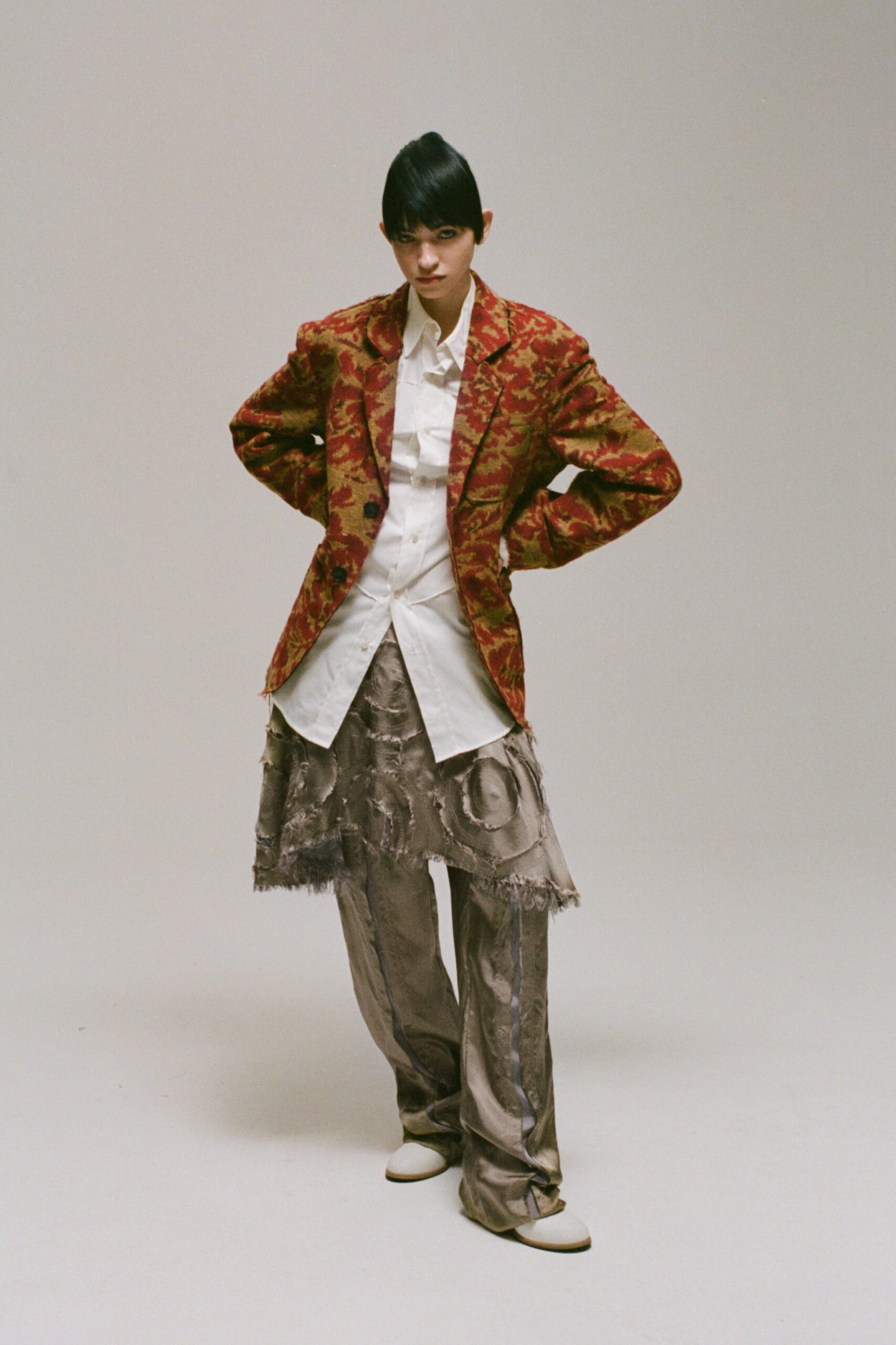 red silk long-sleeve collared structured embroidered blazer