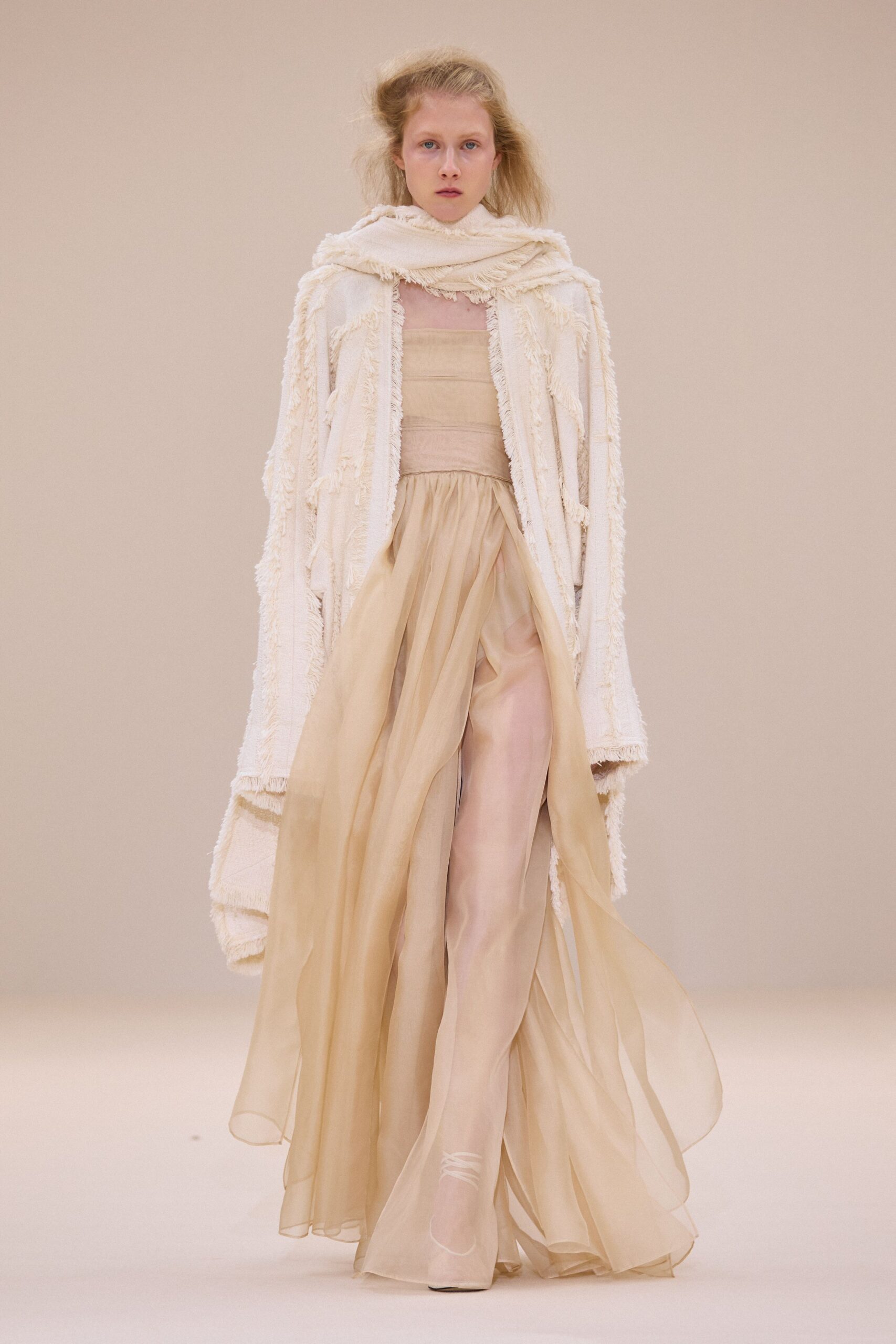 beige silk gown with white coat