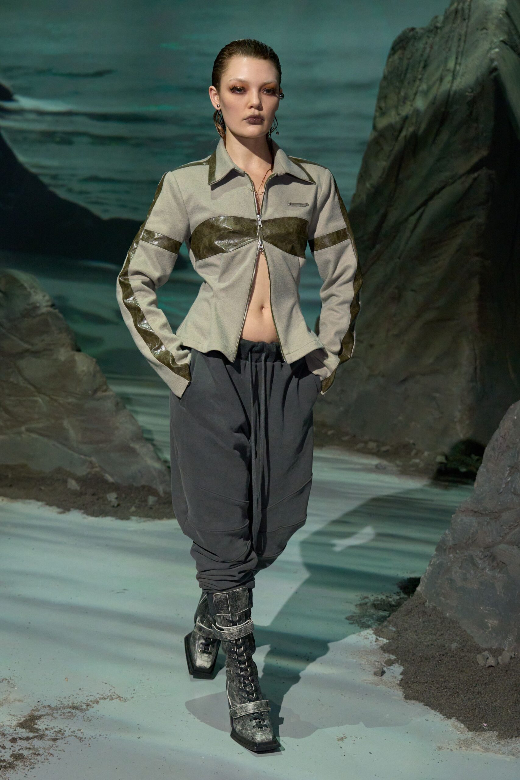 gray jacket black pants boots