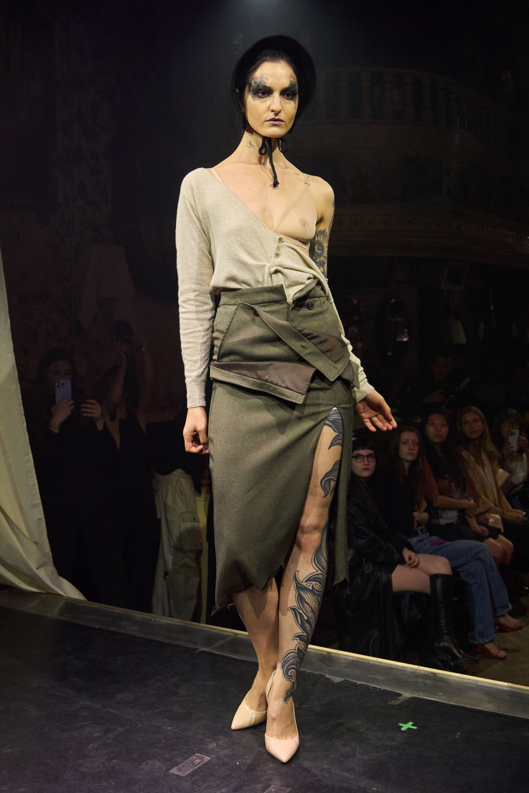 green cotton slit fitted high-waisted layered skirt
