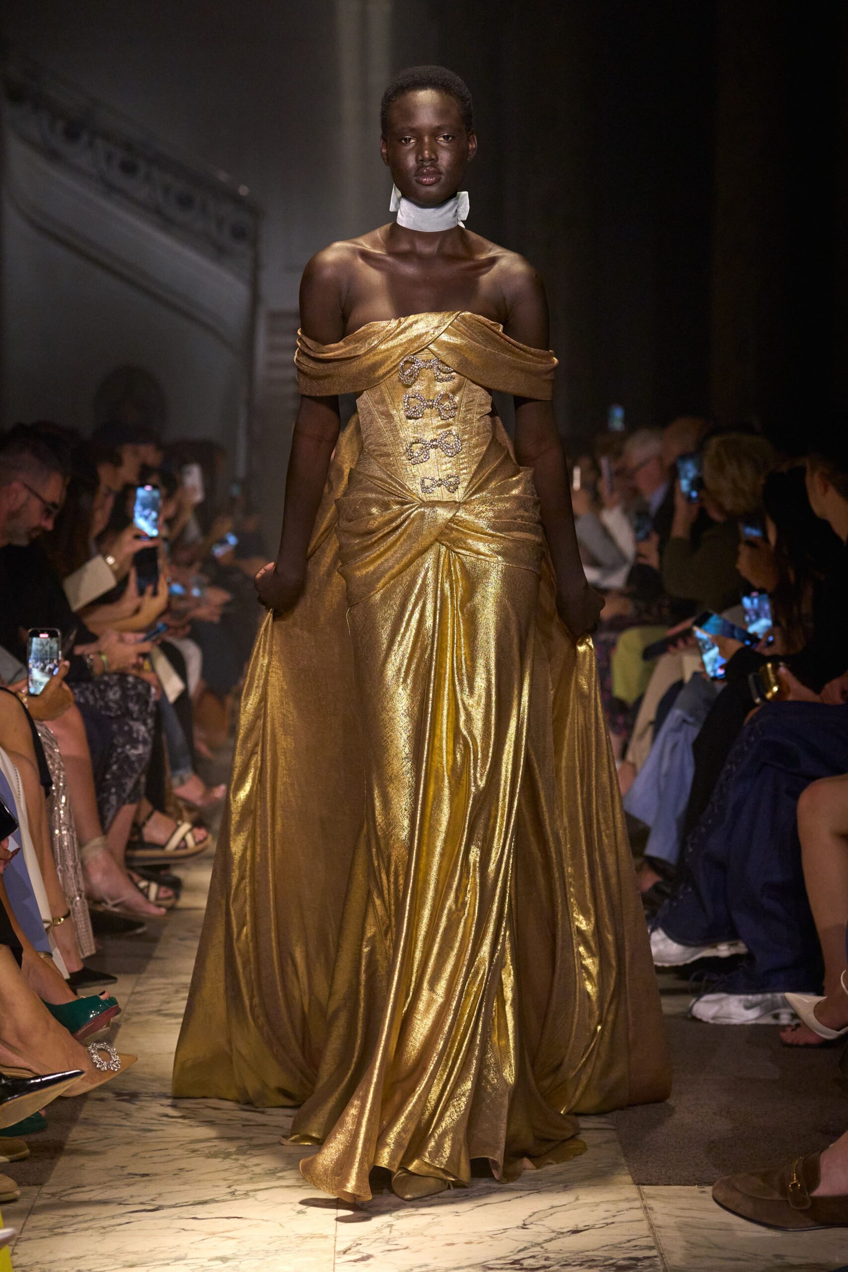gold strapless draped gown