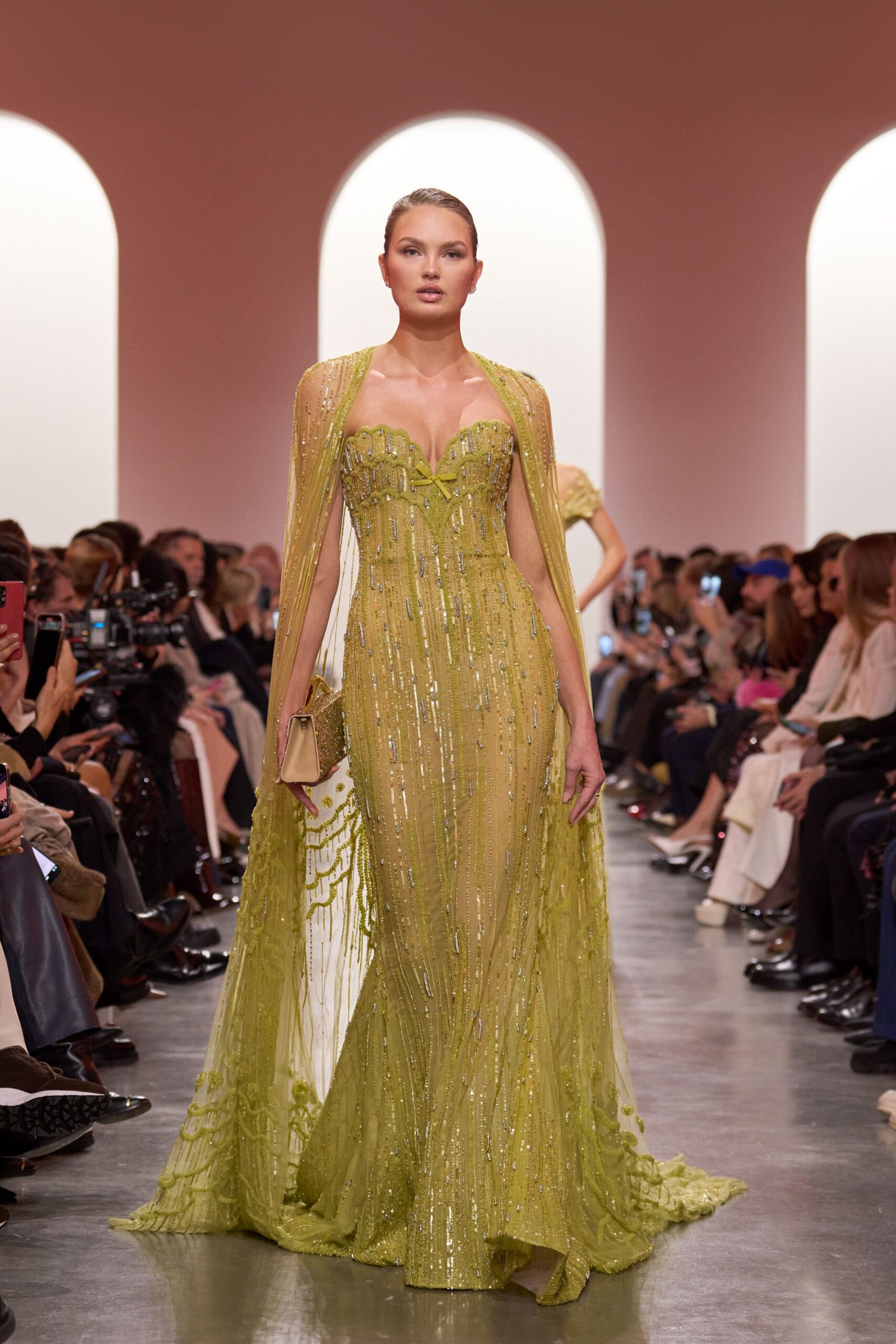green silk sleeveless v-neck fitted sequined draped gown