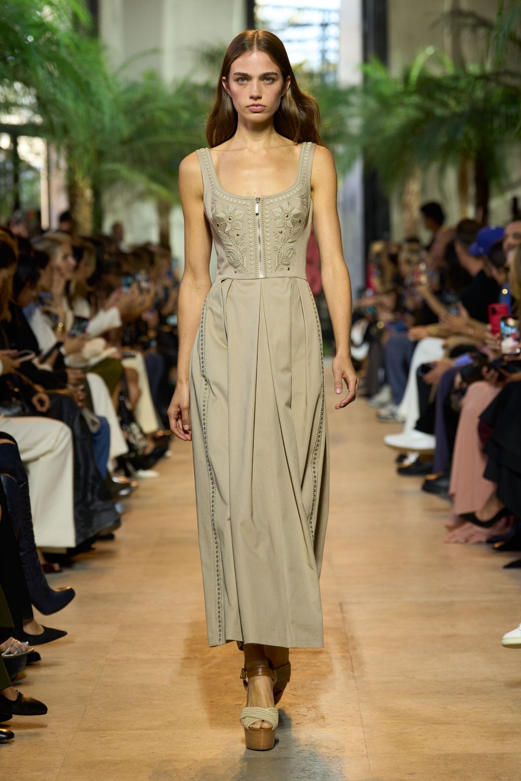 beige cotton sleeveless v-neck fitted pleated maxi dress