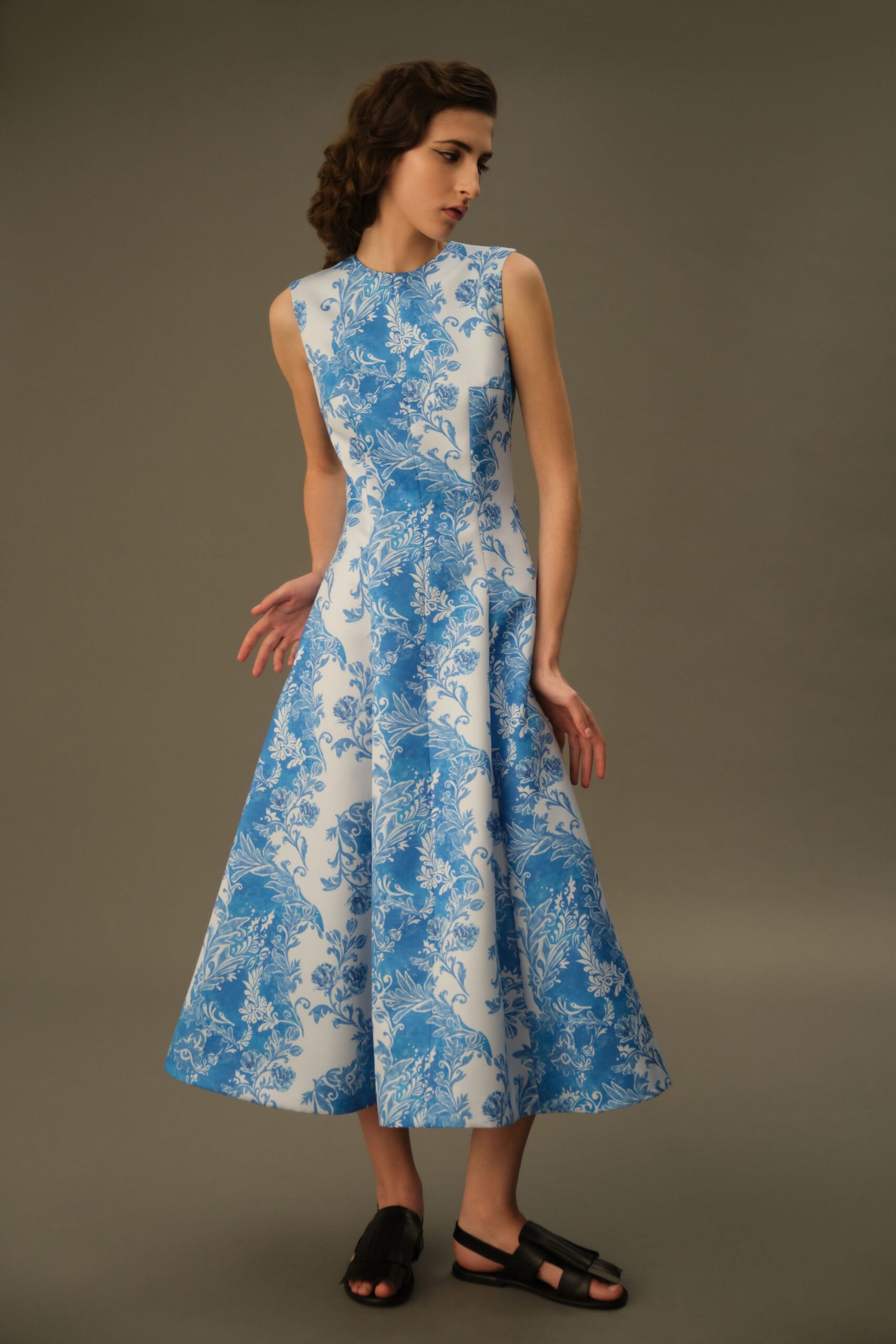 blue cotton sleeveless high-neck fitted flared midi dress