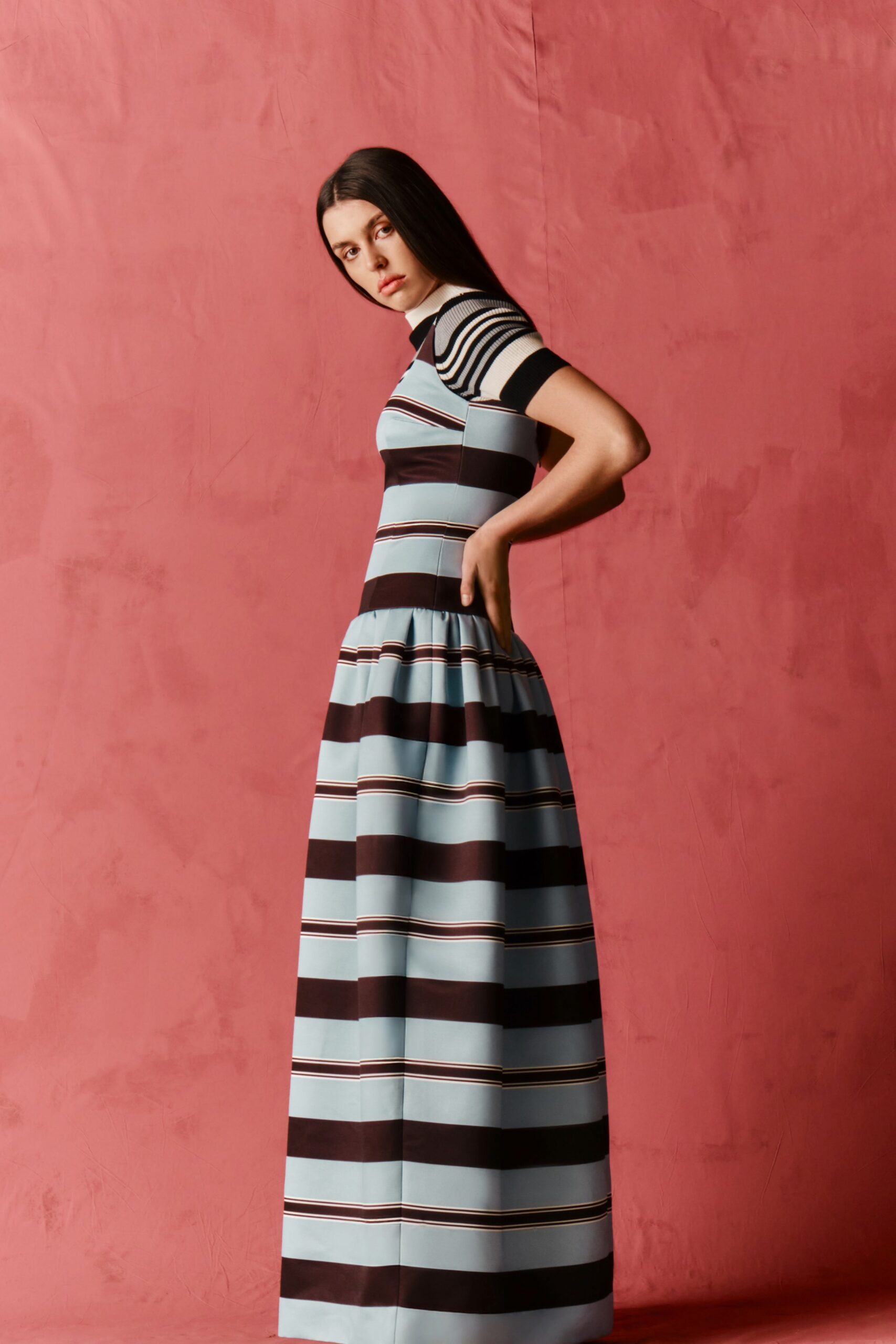 striped blue and brown maxi dress