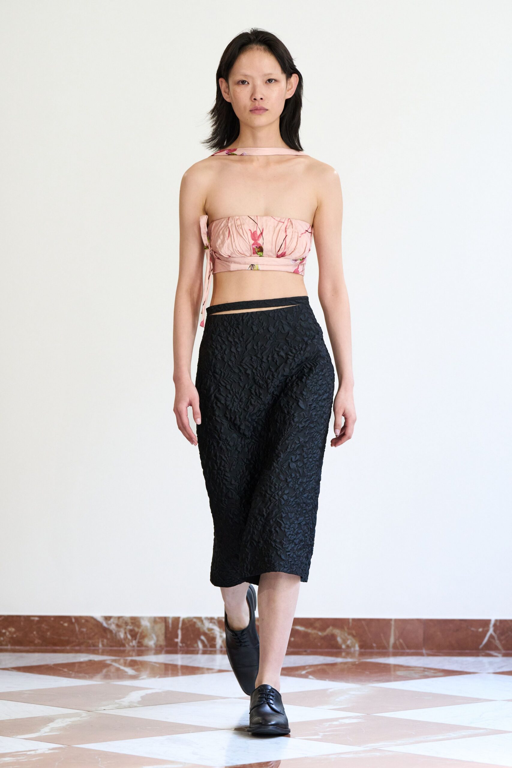 pink silk sleeveless v-neck fitted ruffled cropped crop-top