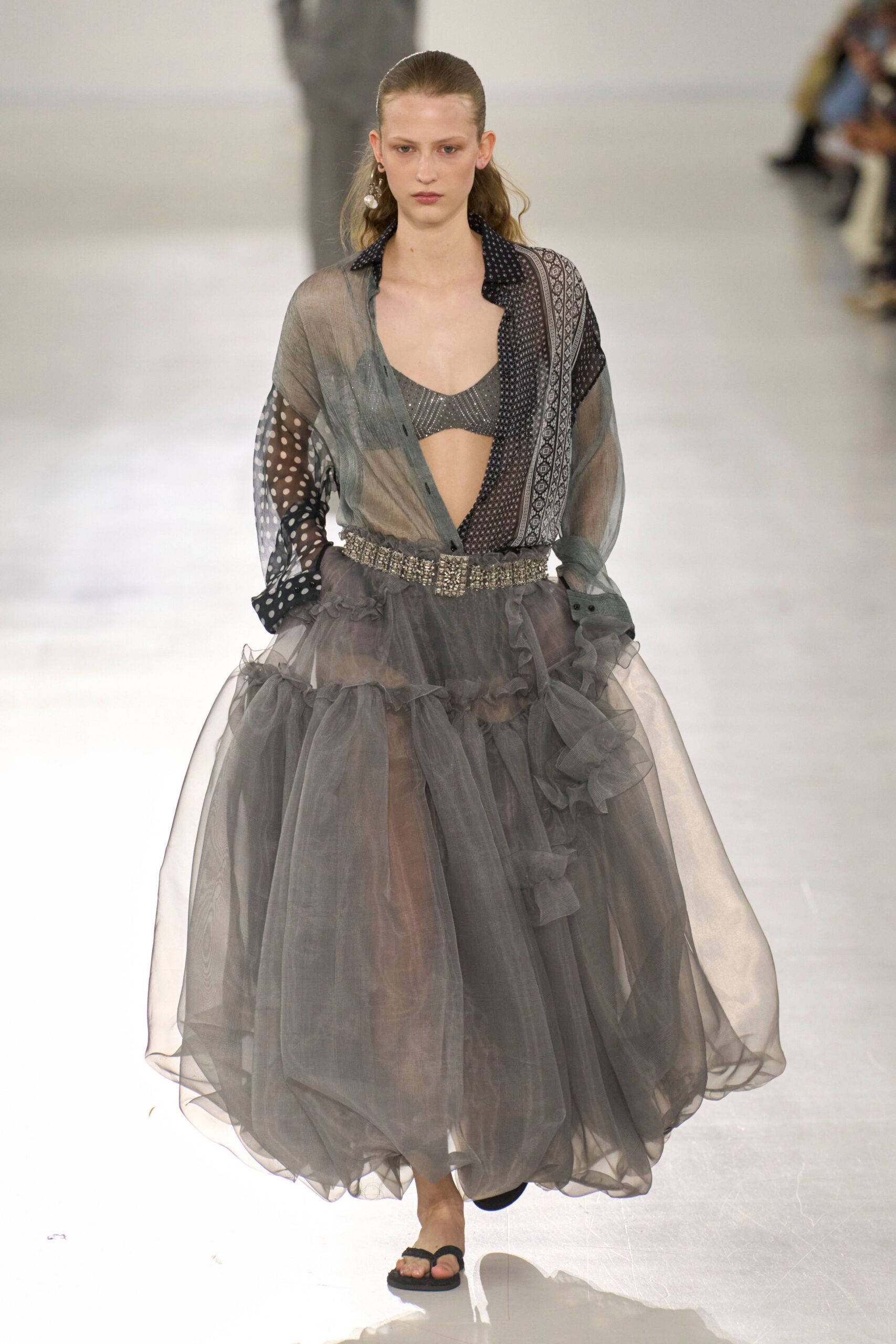 gray tulle fitted tiered ruffled flowing maxi skirt