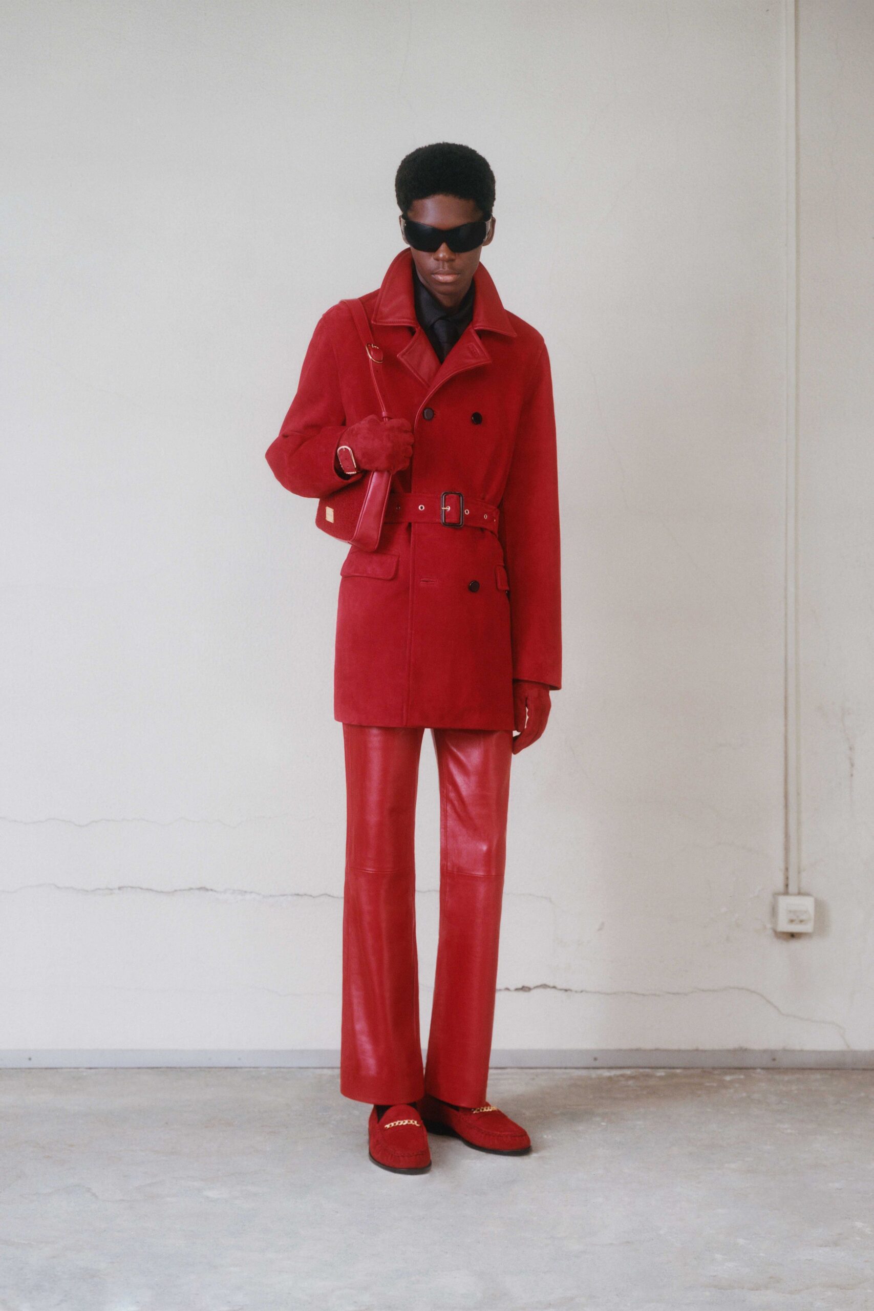 red suede long-sleeve collared fitted belted coat