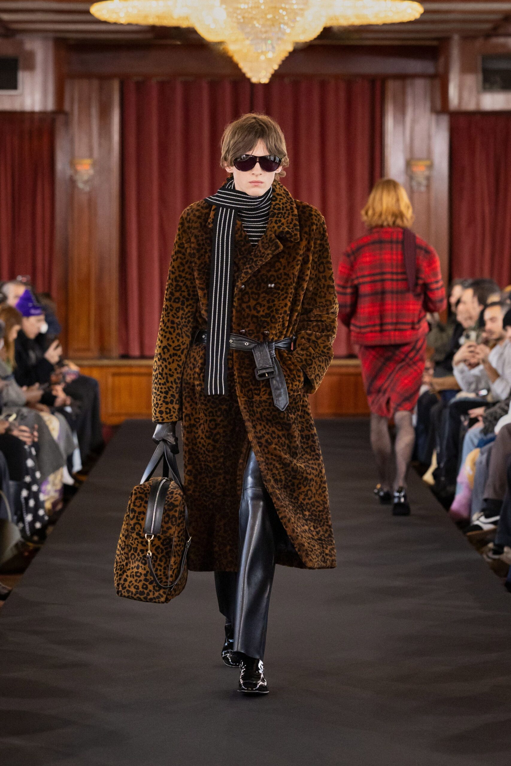 brown fur coat with black pants