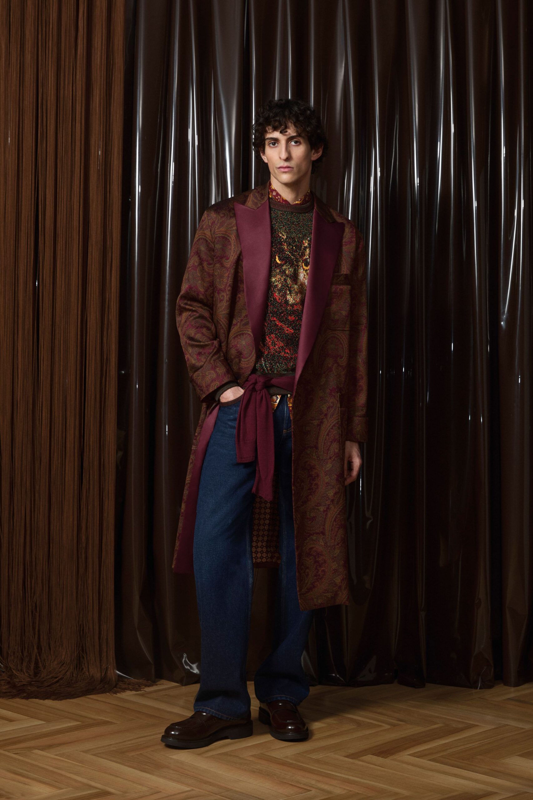 maroon silk long-sleeve collared relaxed embroidered belted coat