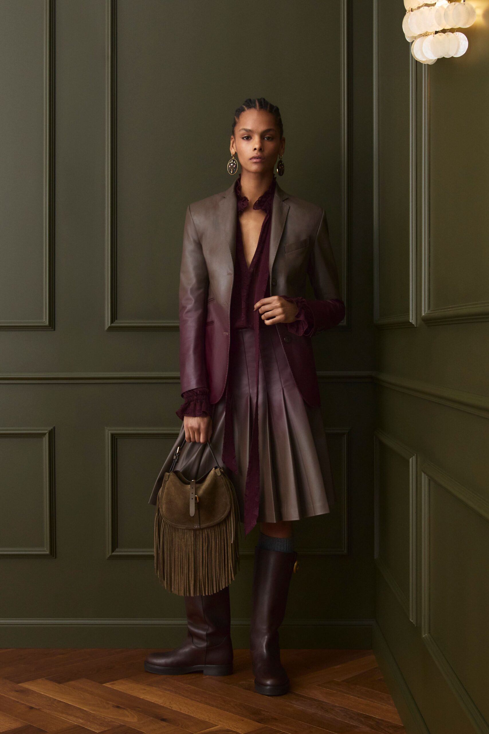 brown leather blazer and skirt