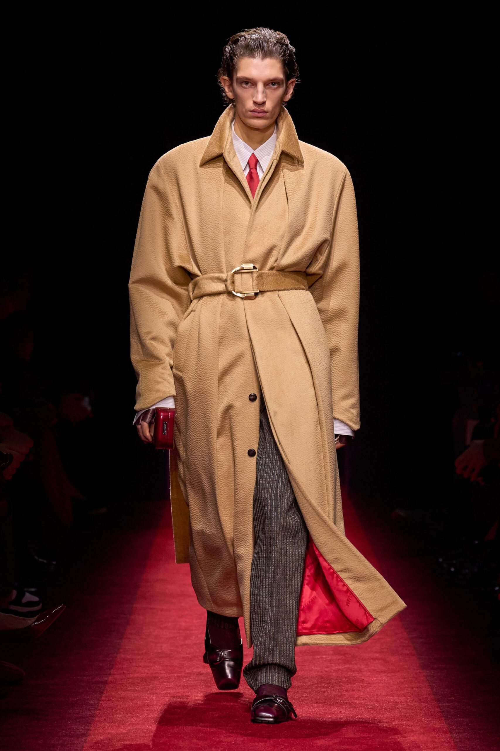 beige wool long-sleeve collared relaxed belted draped coat