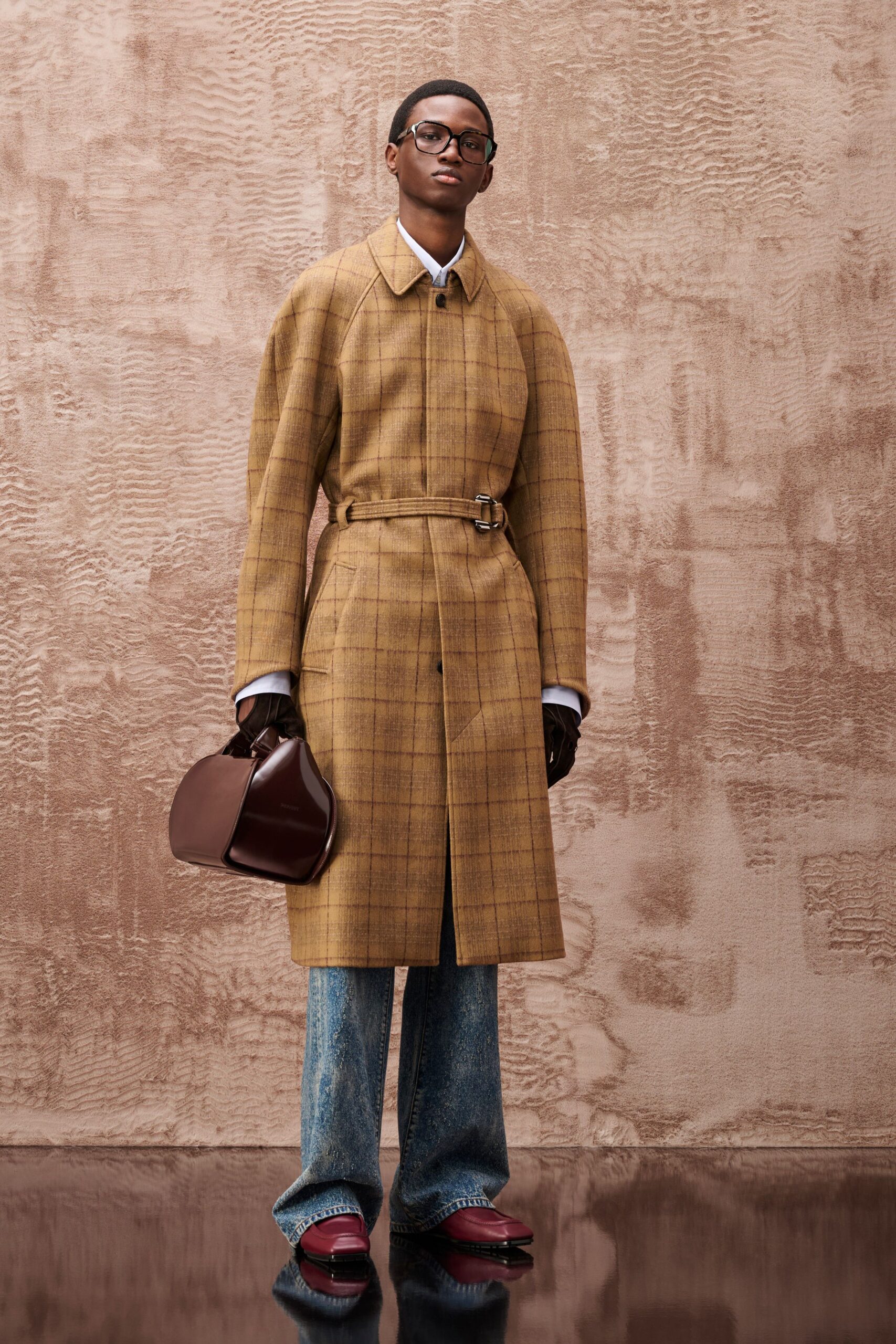 brown wool long-sleeve collared tailored buttoned checked coat