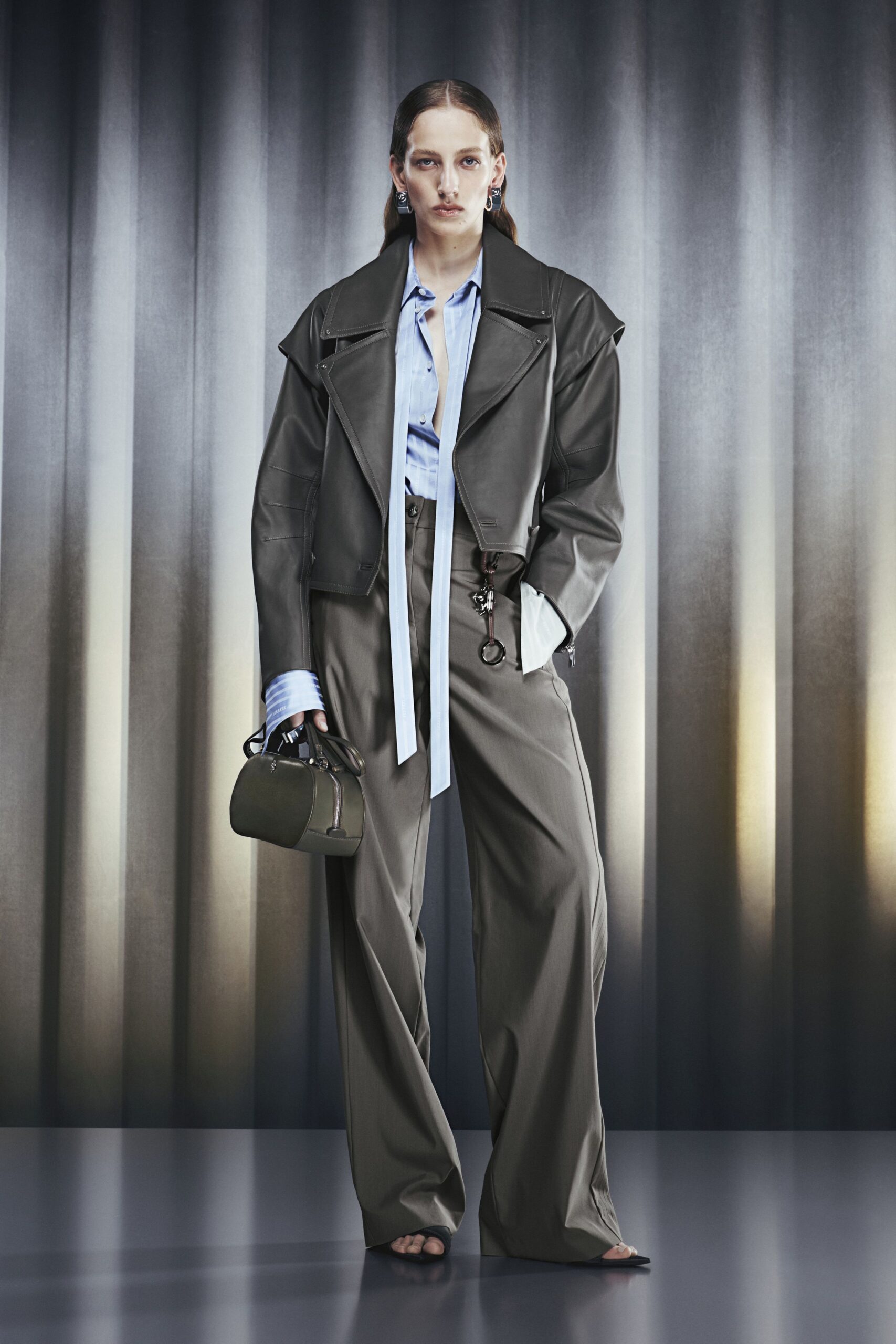 gray leather long-sleeve collared structured zippered jacket