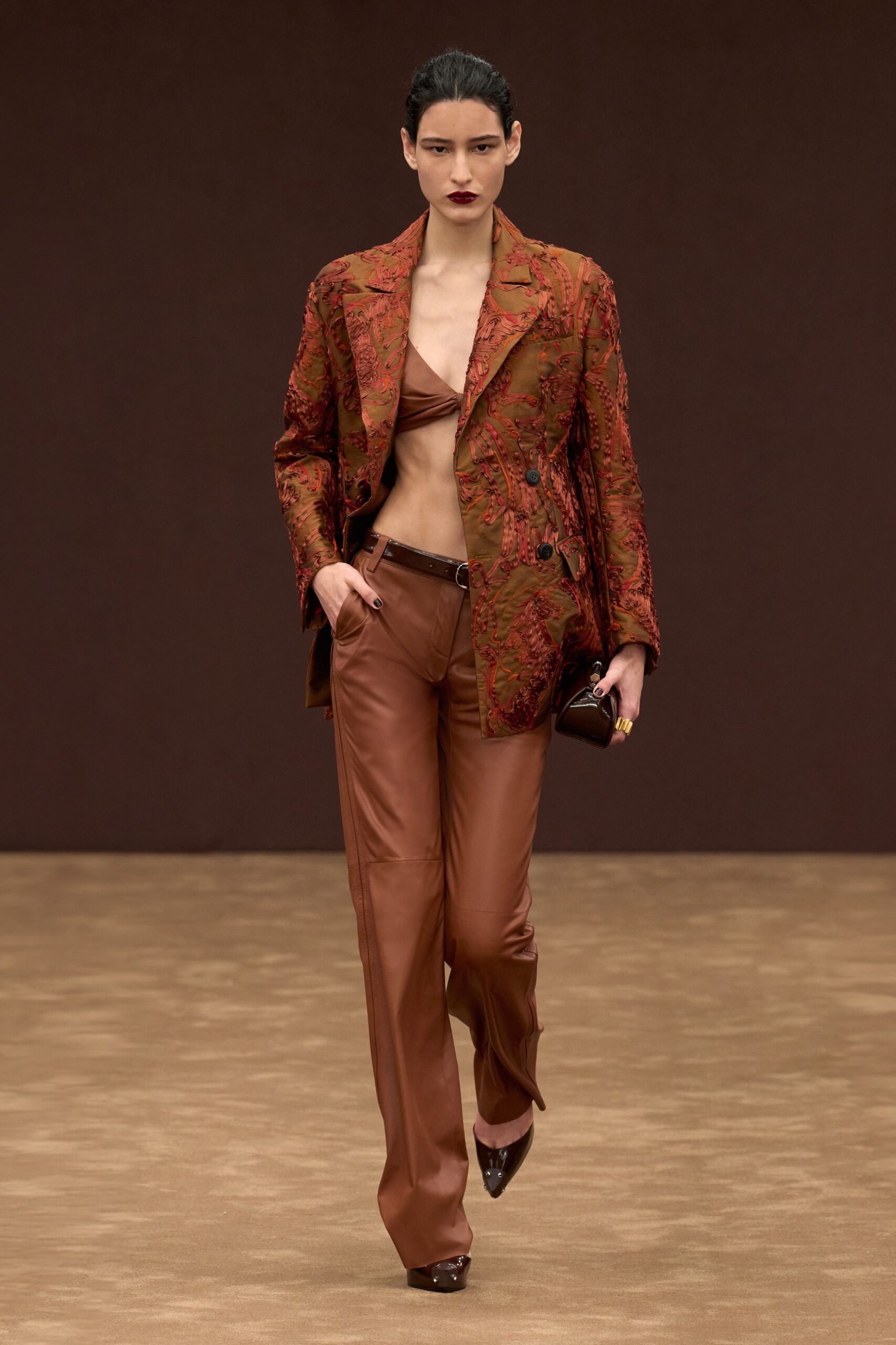 brown silk slim straight-leg pants