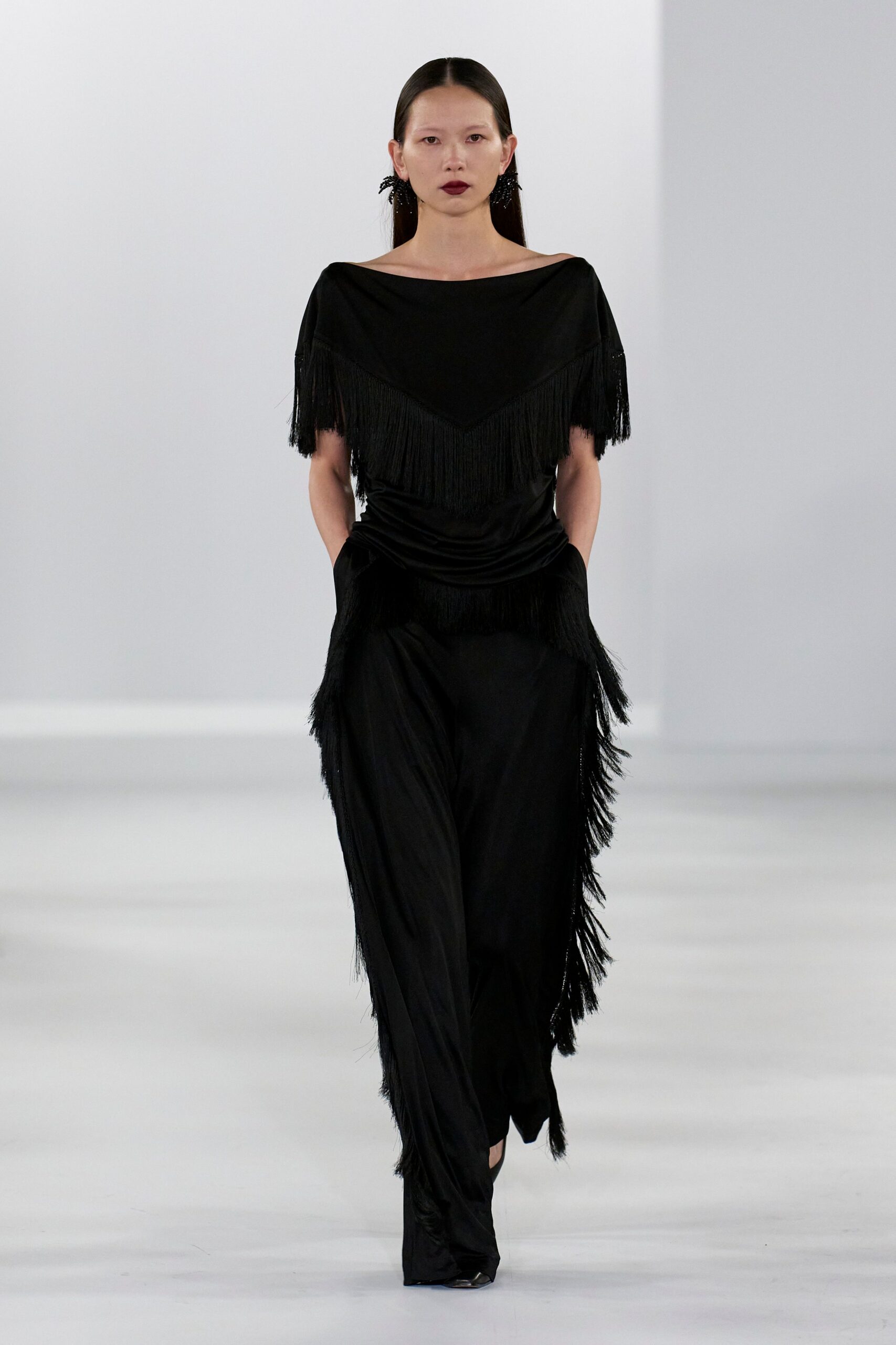 black silk fitted fringed pants