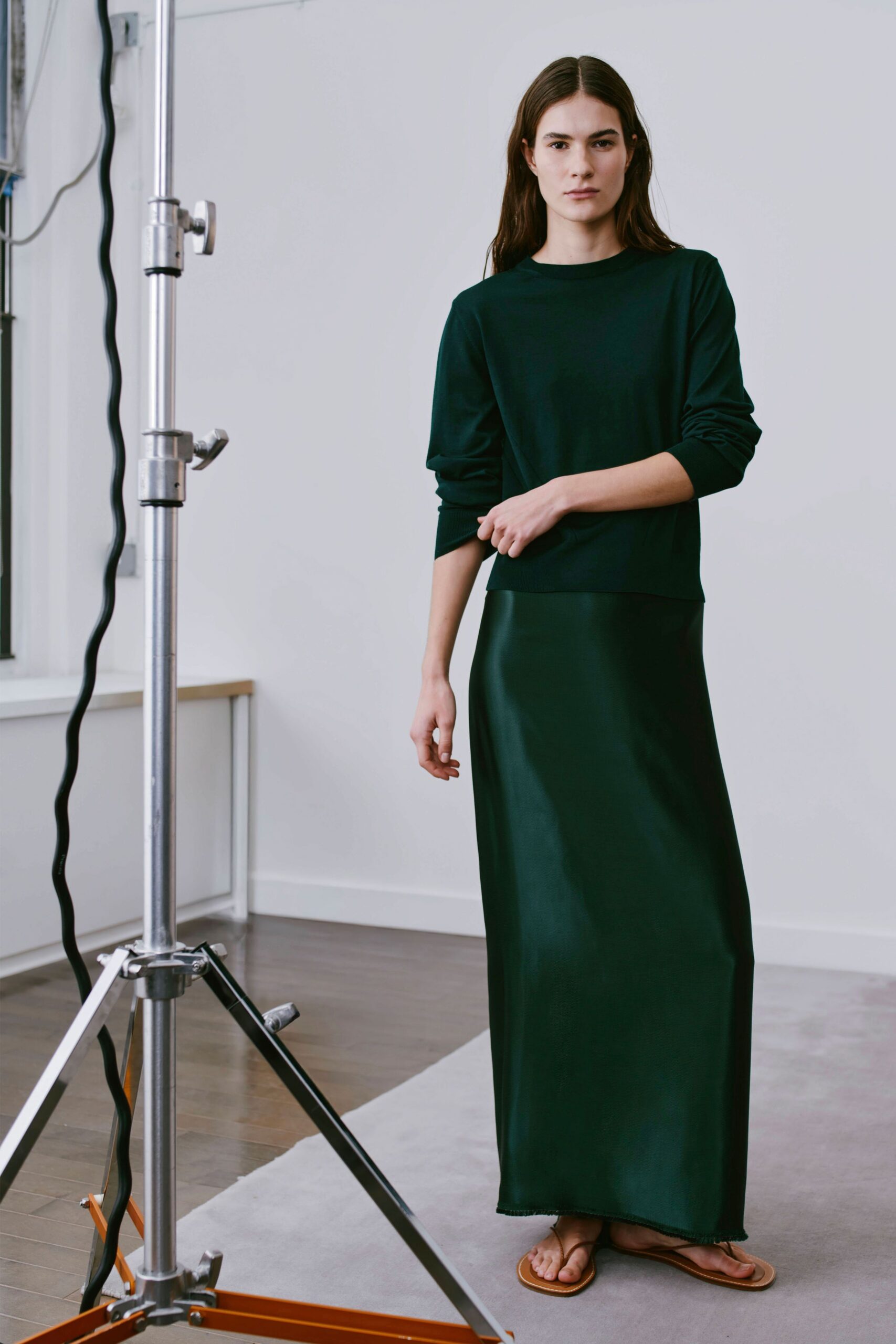 green cotton top with silk maxi skirt