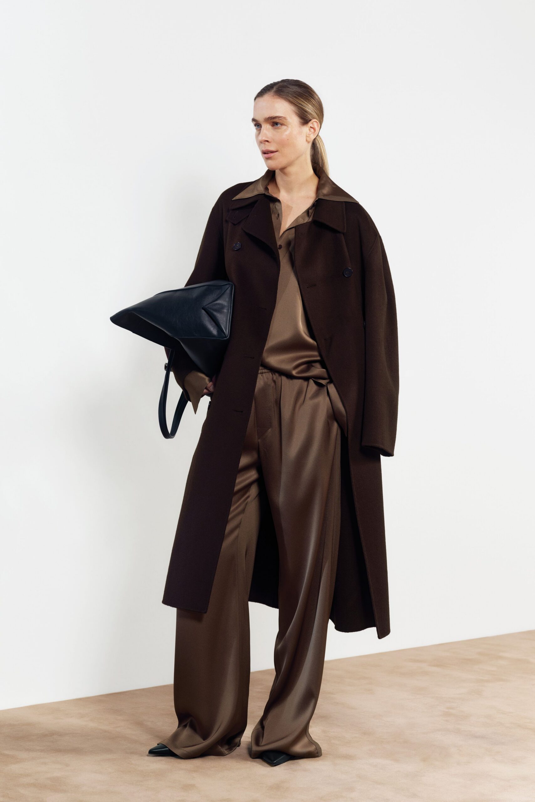 brown wool coat with silk shirt and pants
